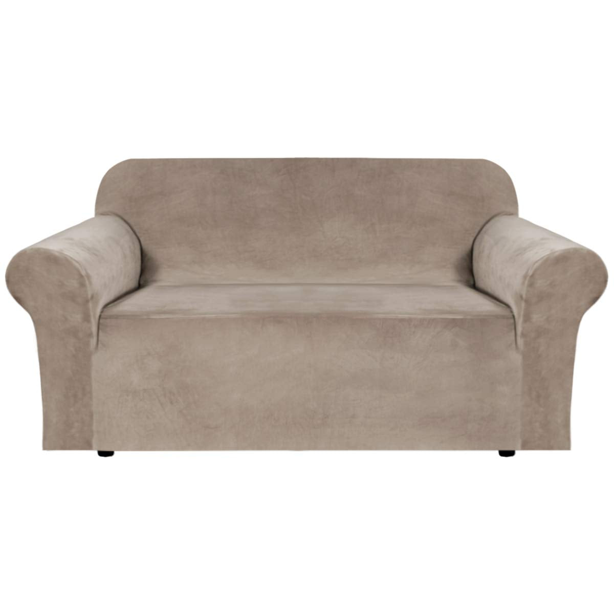 H.VERSAILTEX Stretch Velvet Sofa Covers for 3 Cushion Couch Covers Sofa Slipcovers Furniture Protector Soft with Non Slip Elastic Bottom, Crafted from Thick Comfy Rich Velour (Sofa 72"-90", Taupe)
