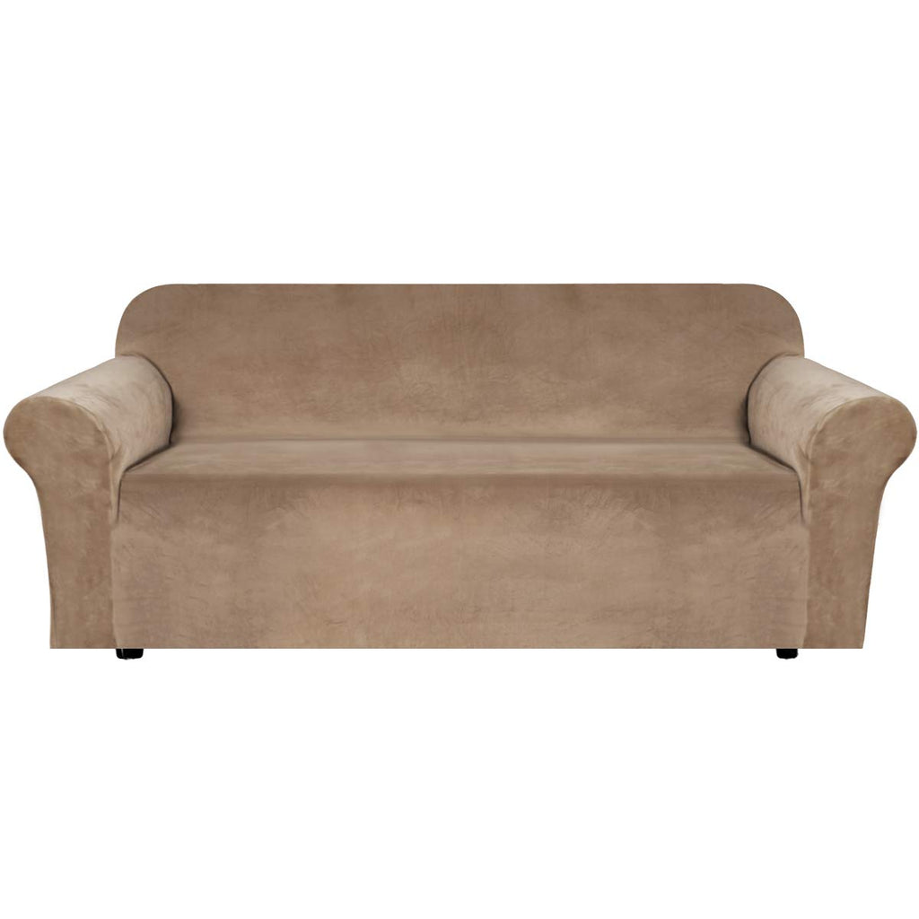 H.VERSAILTEX Stretch Velvet Sofa Covers for 3 Cushion Couch Covers Sofa Slipcovers Furniture Protector Soft with Non Slip Elastic Bottom, Crafted from Thick Comfy Rich Velour (Sofa 72"-90", Taupe)