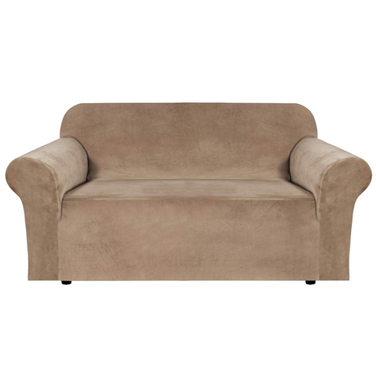 H.VERSAILTEX Stretch Velvet Sofa Covers for 3 Cushion Couch Covers Sofa Slipcovers Furniture Protector Soft with Non Slip Elastic Bottom, Crafted from Thick Comfy Rich Velour (Sofa 72"-90", Taupe)