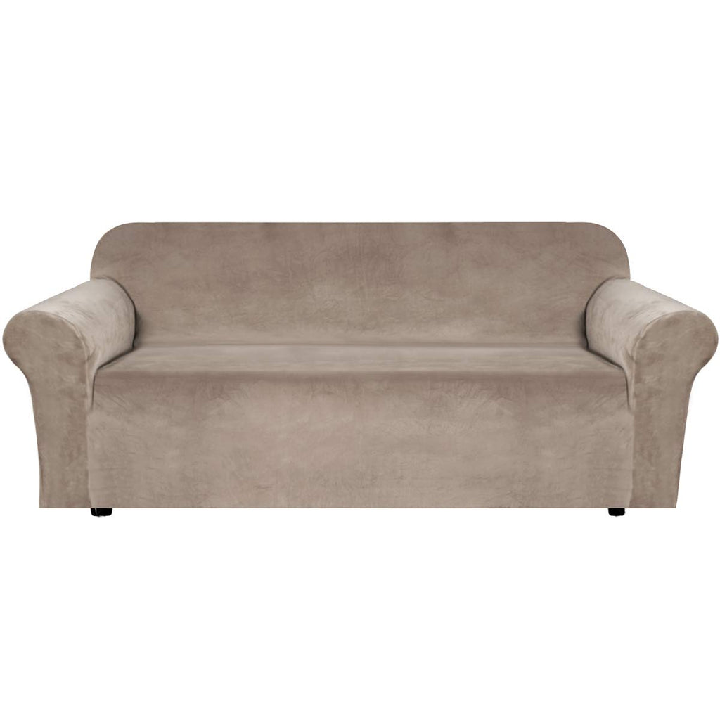 H.VERSAILTEX Stretch Velvet Sofa Covers for 3 Cushion Couch Covers Sofa Slipcovers Furniture Protector Soft with Non Slip Elastic Bottom, Crafted from Thick Comfy Rich Velour (Sofa 72"-90", Taupe)