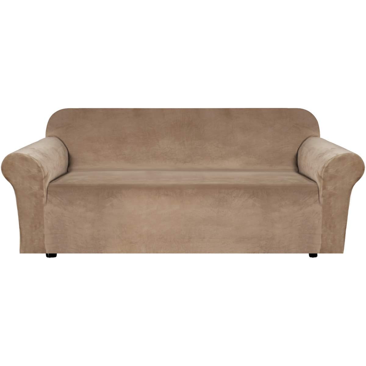 H.VERSAILTEX Stretch Velvet Sofa Covers for 3 Cushion Couch Covers Sofa Slipcovers Furniture Protector Soft with Non Slip Elastic Bottom, Crafted from Thick Comfy Rich Velour (Sofa 72"-90", Taupe)