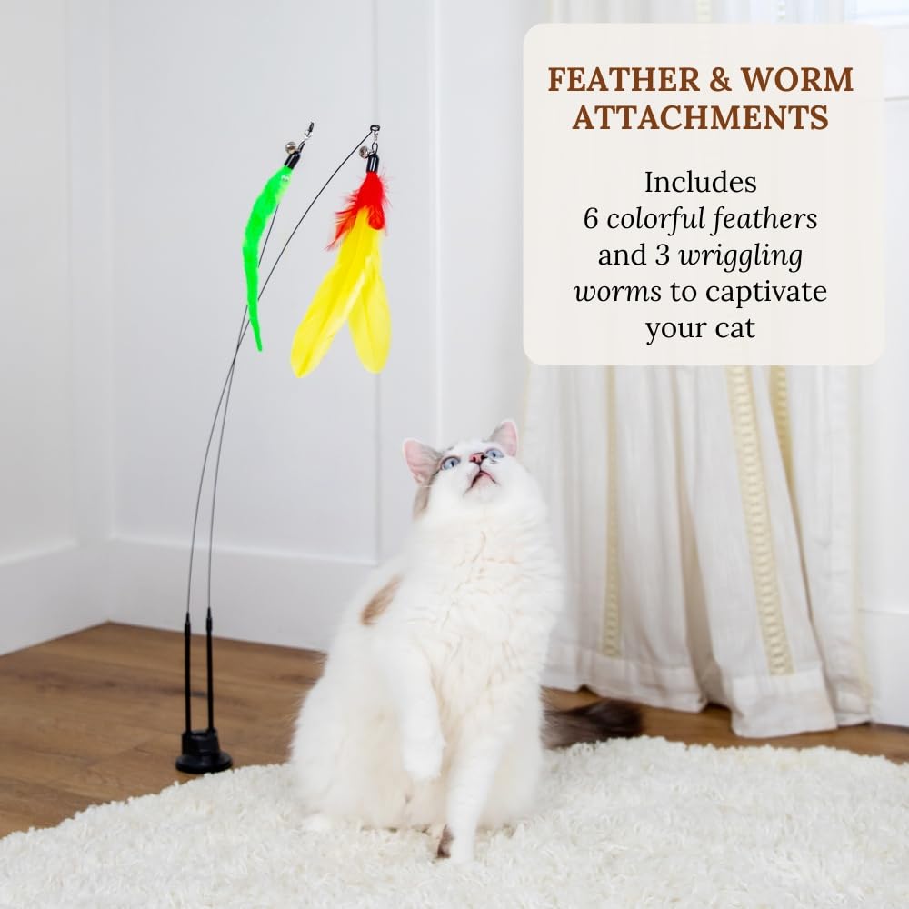 18-Piece Interactive Cat Toys for Indoor Cats -PATENTED Heavy Duty Self-Holding Floor Base & Suction Cup - Durable Feather Wand Bird Simulation Self Play Kitten Toys for Bored Adult Cats Juguete Gato