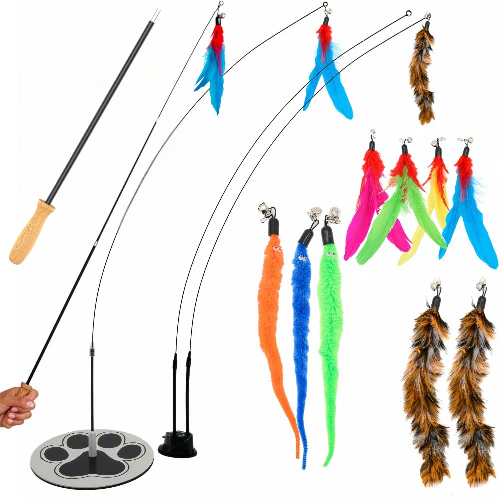 18-Piece Interactive Cat Toys for Indoor Cats -PATENTED Heavy Duty Self-Holding Floor Base & Suction Cup - Durable Feather Wand Bird Simulation Self Play Kitten Toys for Bored Adult Cats Juguete Gato