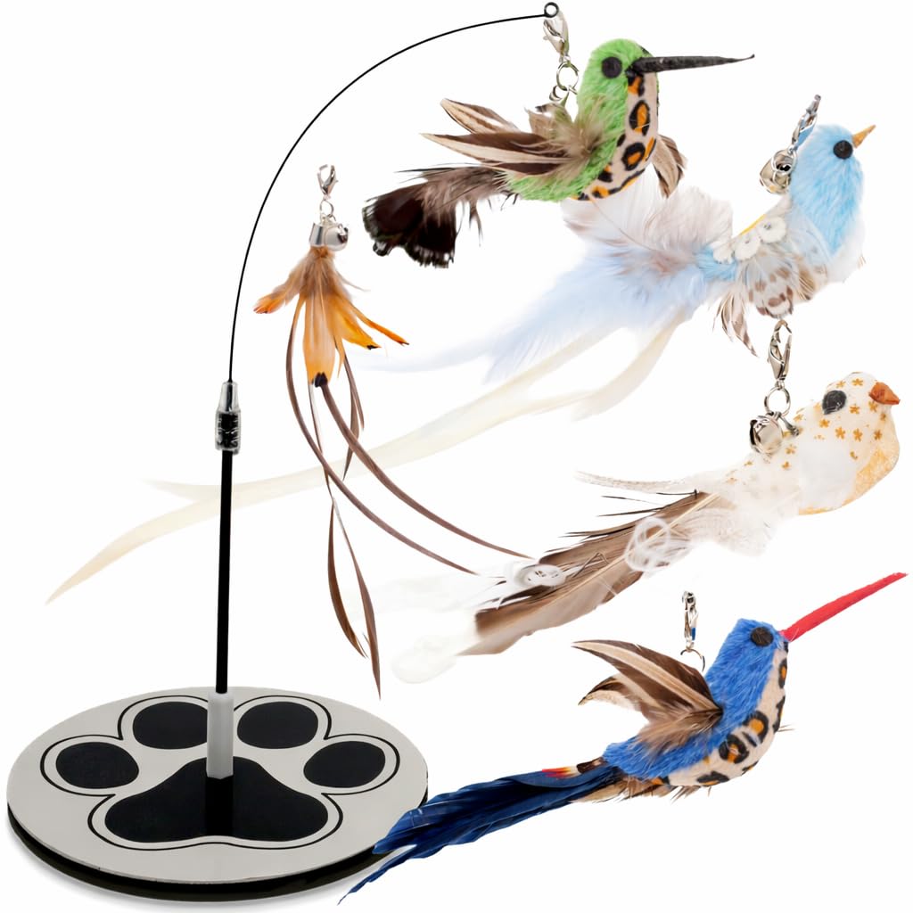 18-Piece Interactive Cat Toys for Indoor Cats -PATENTED Heavy Duty Self-Holding Floor Base & Suction Cup - Durable Feather Wand Bird Simulation Self Play Kitten Toys for Bored Adult Cats Juguete Gato