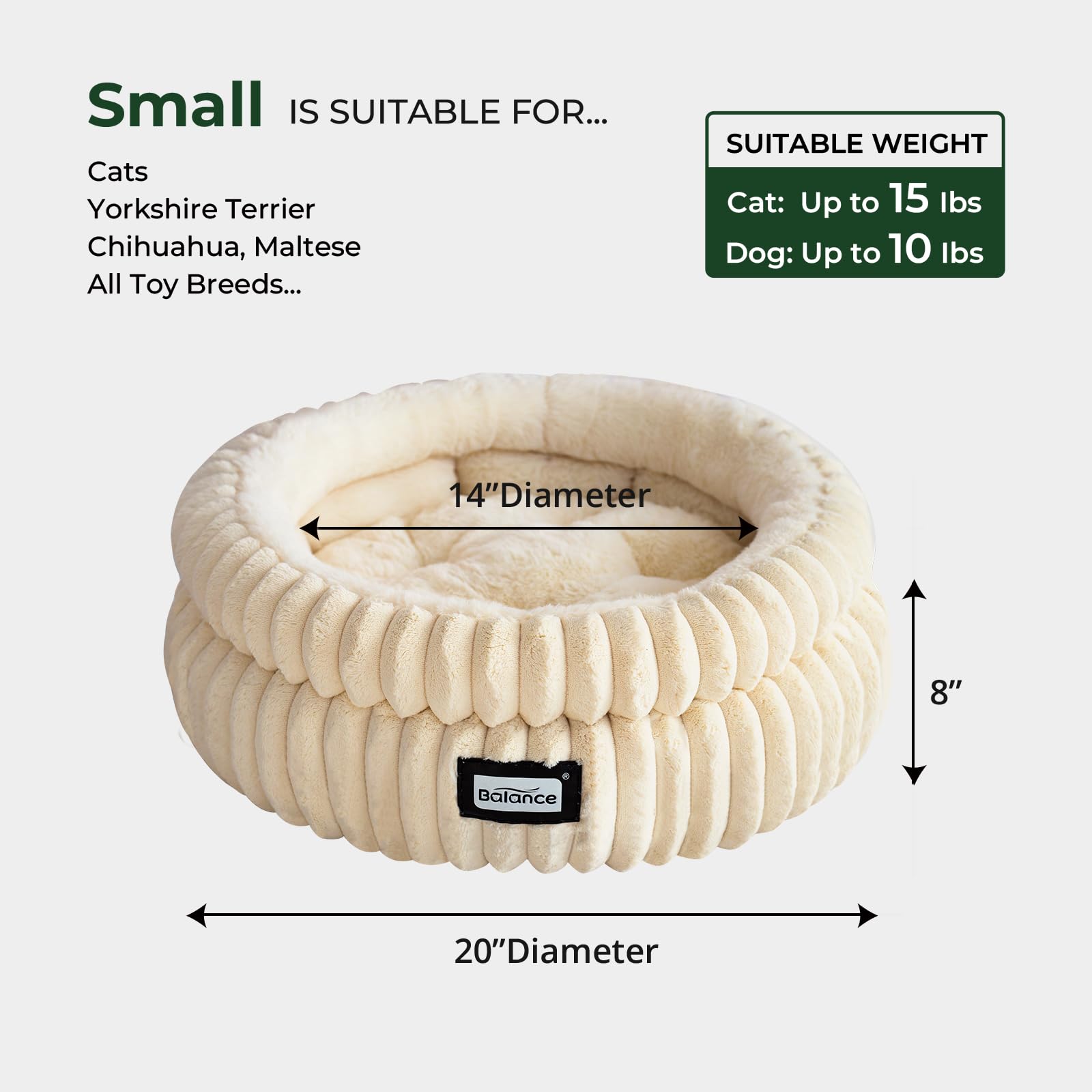 BALANCE Cat Bed Kitten Bed, Washable Round Cat Beds for Indoor Cats,Super Soft Plush Faux Fur Pet Bed for Puppy and Kitten with Anti-Slip Bottom