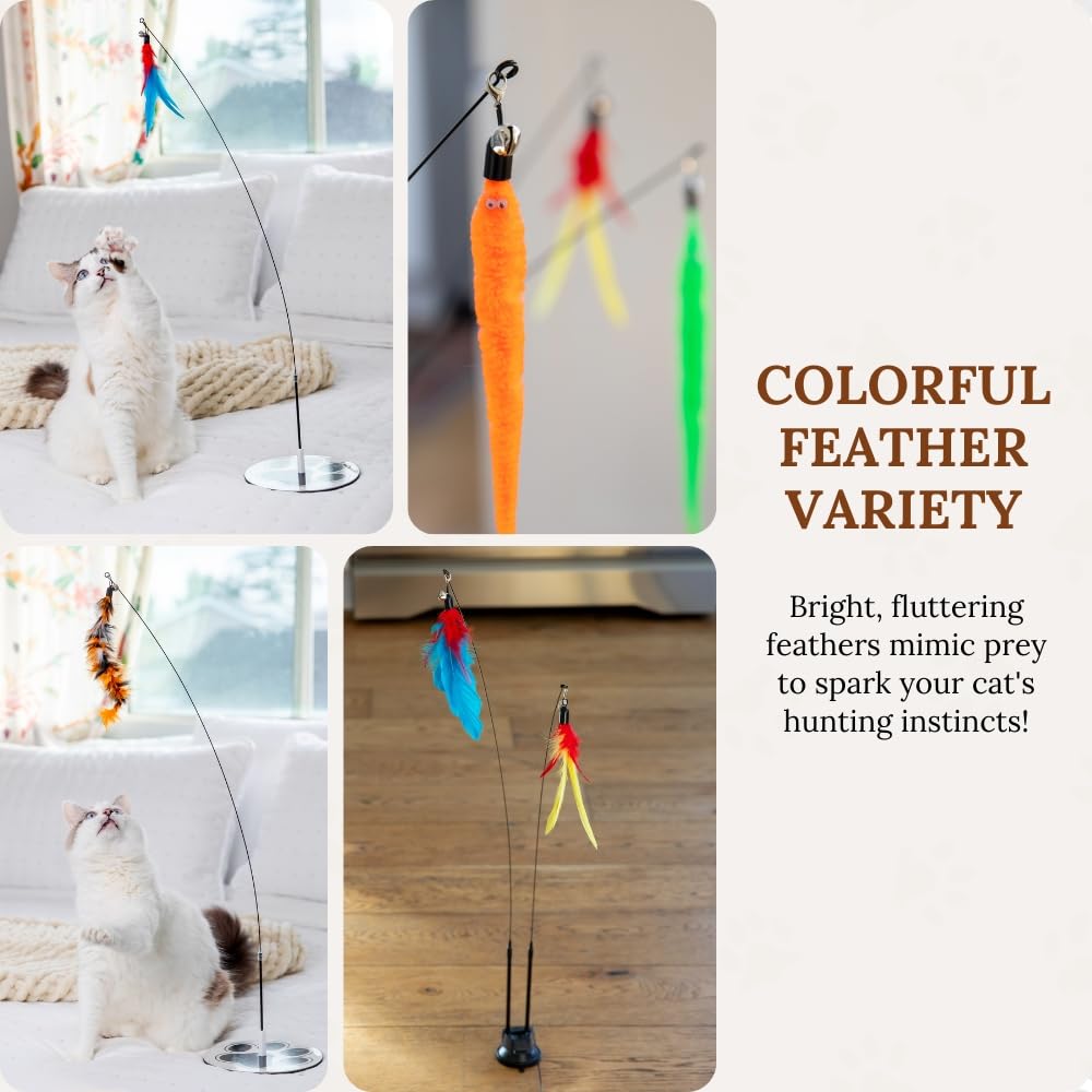 18-Piece Interactive Cat Toys for Indoor Cats -PATENTED Heavy Duty Self-Holding Floor Base & Suction Cup - Durable Feather Wand Bird Simulation Self Play Kitten Toys for Bored Adult Cats Juguete Gato