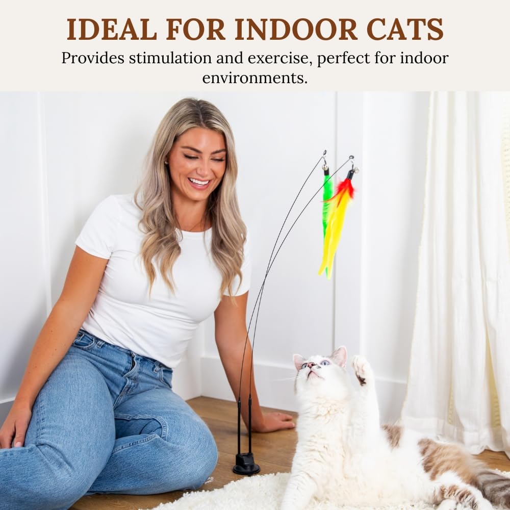 18-Piece Interactive Cat Toys for Indoor Cats -PATENTED Heavy Duty Self-Holding Floor Base & Suction Cup - Durable Feather Wand Bird Simulation Self Play Kitten Toys for Bored Adult Cats Juguete Gato