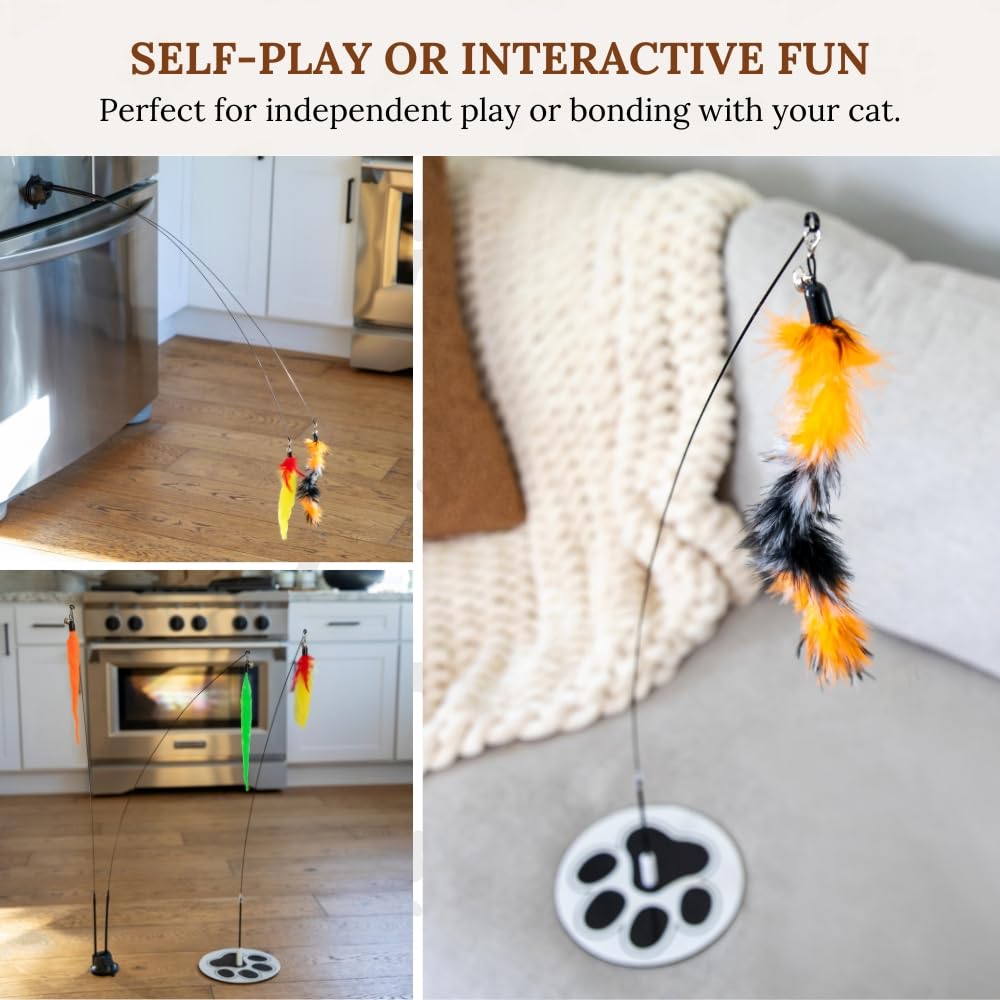 18-Piece Interactive Cat Toys for Indoor Cats -PATENTED Heavy Duty Self-Holding Floor Base & Suction Cup - Durable Feather Wand Bird Simulation Self Play Kitten Toys for Bored Adult Cats Juguete Gato
