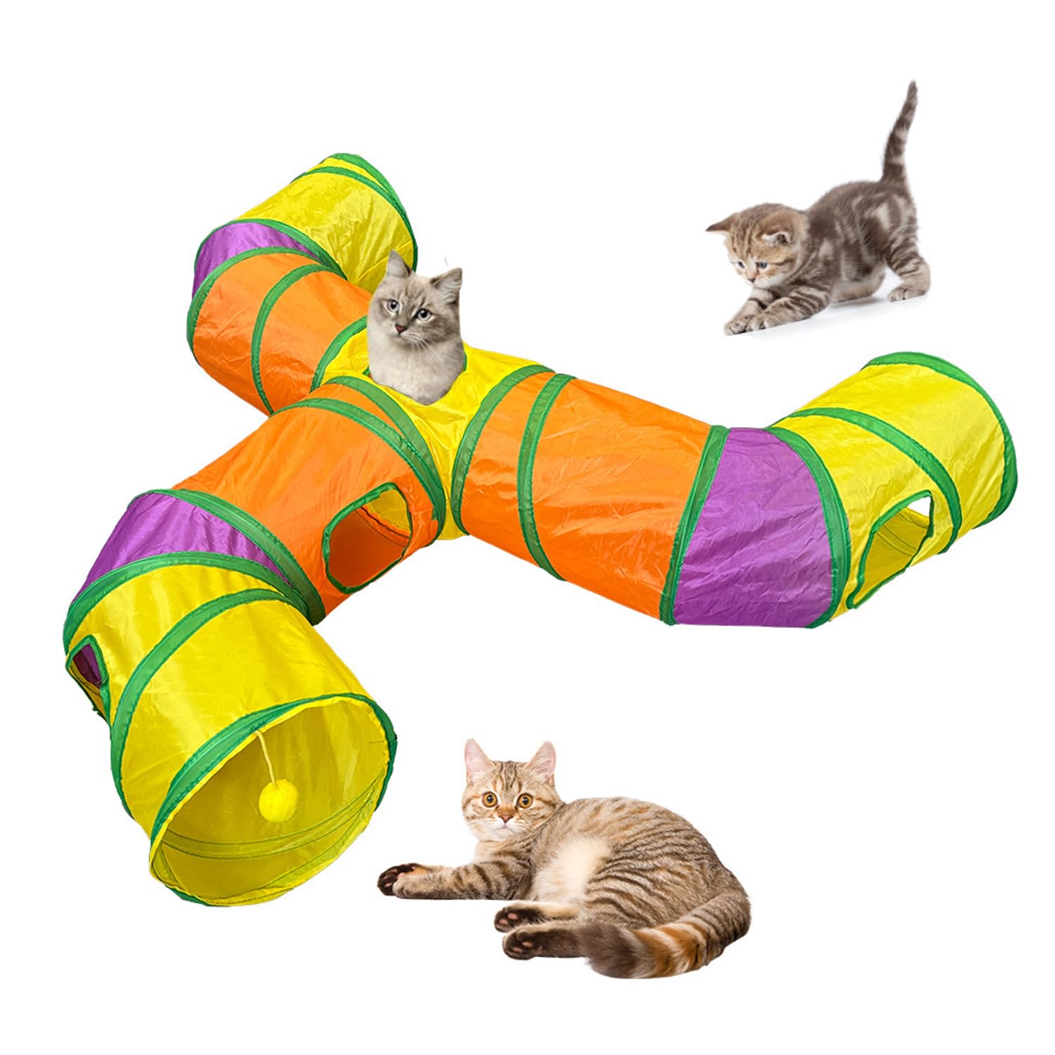 3 Way Collapsible Cat Tunnels with Interactive Ball, E Shape Folded Pet Tube Toy for Indoor Cats, Puppy, Kitty, Kitten, Rabbit