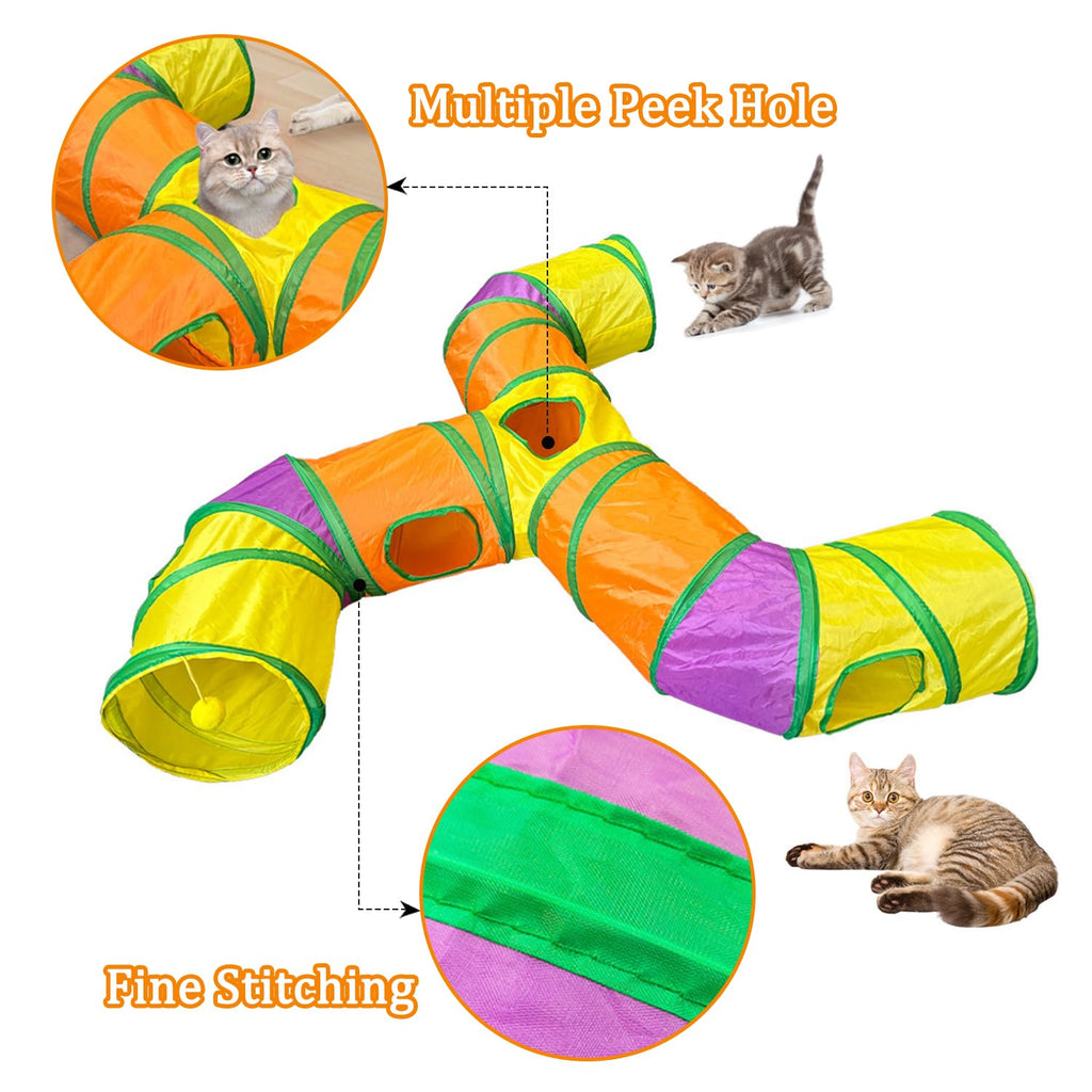 3 Way Collapsible Cat Tunnels with Interactive Ball, E Shape Folded Pet Tube Toy for Indoor Cats, Puppy, Kitty, Kitten, Rabbit