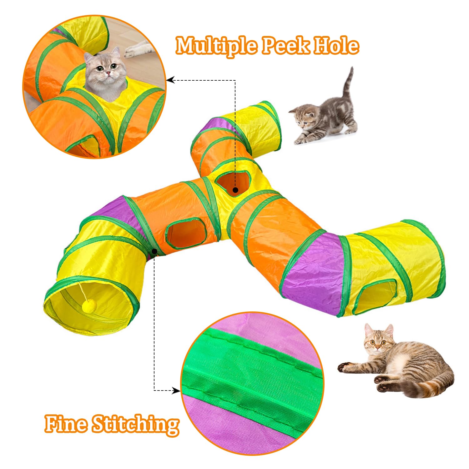 3 Way Collapsible Cat Tunnels with Interactive Ball, E Shape Folded Pet Tube Toy for Indoor Cats, Puppy, Kitty, Kitten, Rabbit
