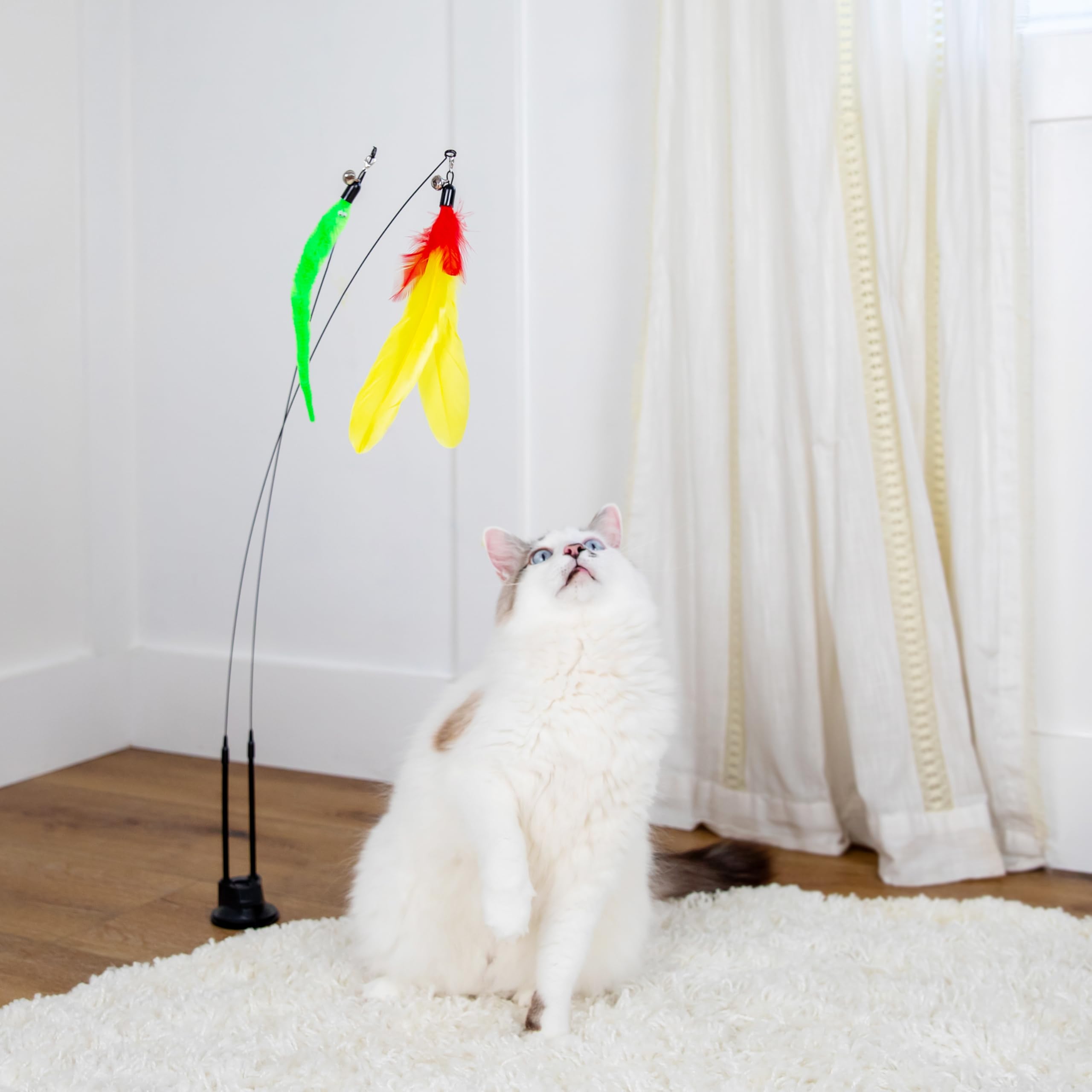 18-Piece Interactive Cat Toys for Indoor Cats -PATENTED Heavy Duty Self-Holding Floor Base & Suction Cup - Durable Feather Wand Bird Simulation Self Play Kitten Toys for Bored Adult Cats Juguete Gato