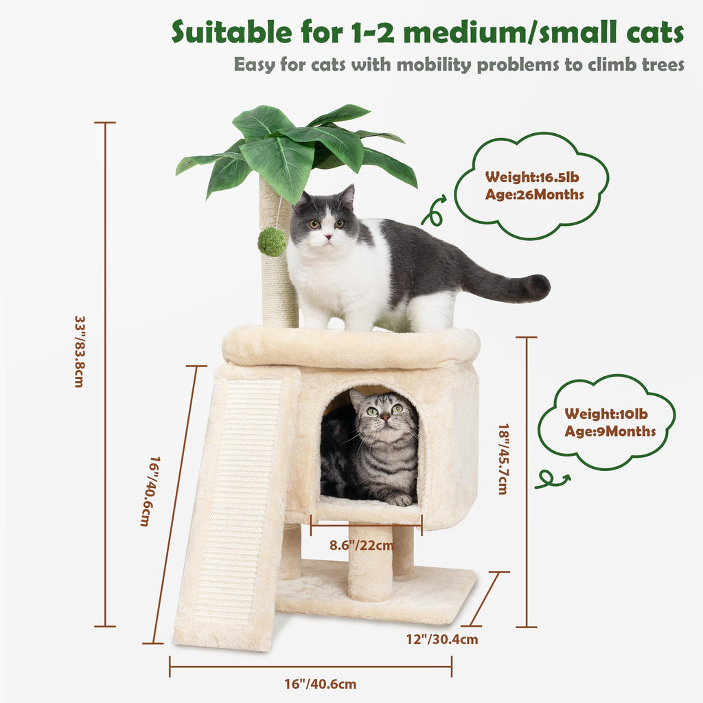 Meowoou Cat Scratching Post for Space-Saving,35” Tall Modern Monstera 3 Layer Cat Tree Tower with Sisal Rope Hanging Interactive Ball for Indoor Cats and Kitten Climbing,Play & Rest