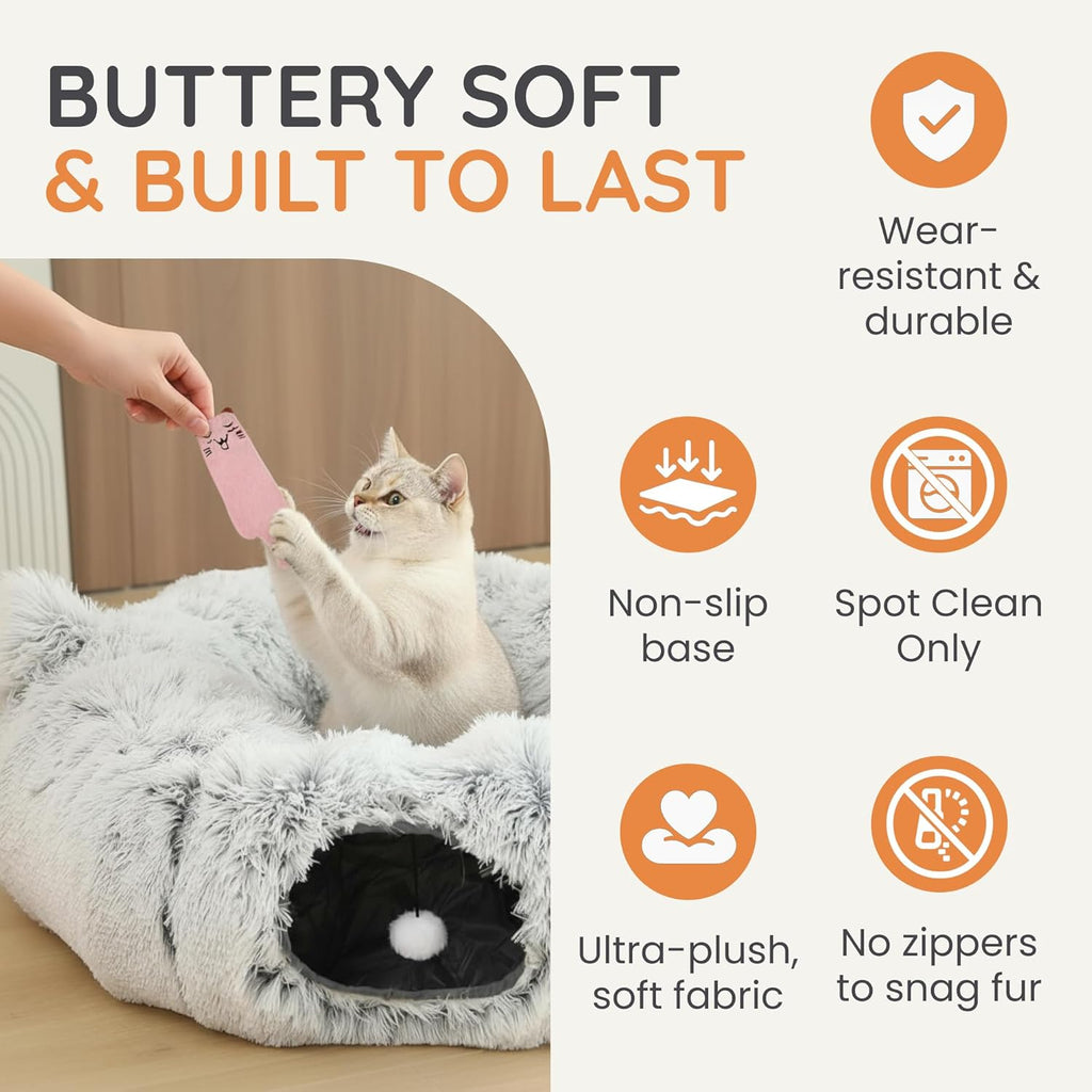 3-in-1 Cat Tunnel Bed – Cat Tunnels & Cat Beds for Indoor Cats with Catnip Toys – Cat Bed Cave & Peekaboo Cat Hideaway – Foldable Interactive Cat, Kitty & Kitten Toys
