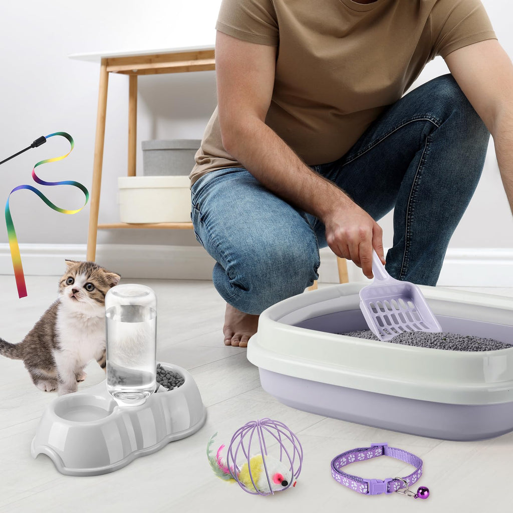 7 Pcs Small Cat Kitten Starter Kit Cat Litter Box with Shovel Paw Litter Mat Double Automatic Kitten Bowls Toy Teaser Stick Collar Essentials Kits for 1-3 Lbs Beginner(Simple,Blue)