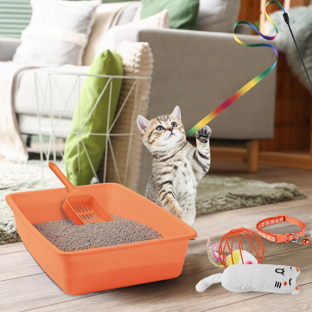 7 Pcs Small Cat Kitten Starter Kit Cat Litter Box with Shovel Paw Litter Mat Double Automatic Kitten Bowls Toy Teaser Stick Collar Essentials Kits for 1-3 Lbs Beginner(Simple,Blue)