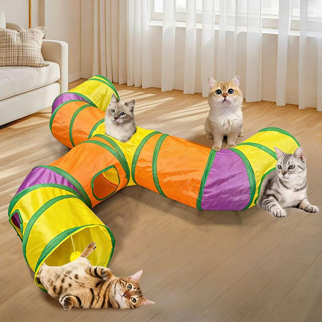 3 Way Collapsible Cat Tunnels with Interactive Ball, E Shape Folded Pet Tube Toy for Indoor Cats, Puppy, Kitty, Kitten, Rabbit