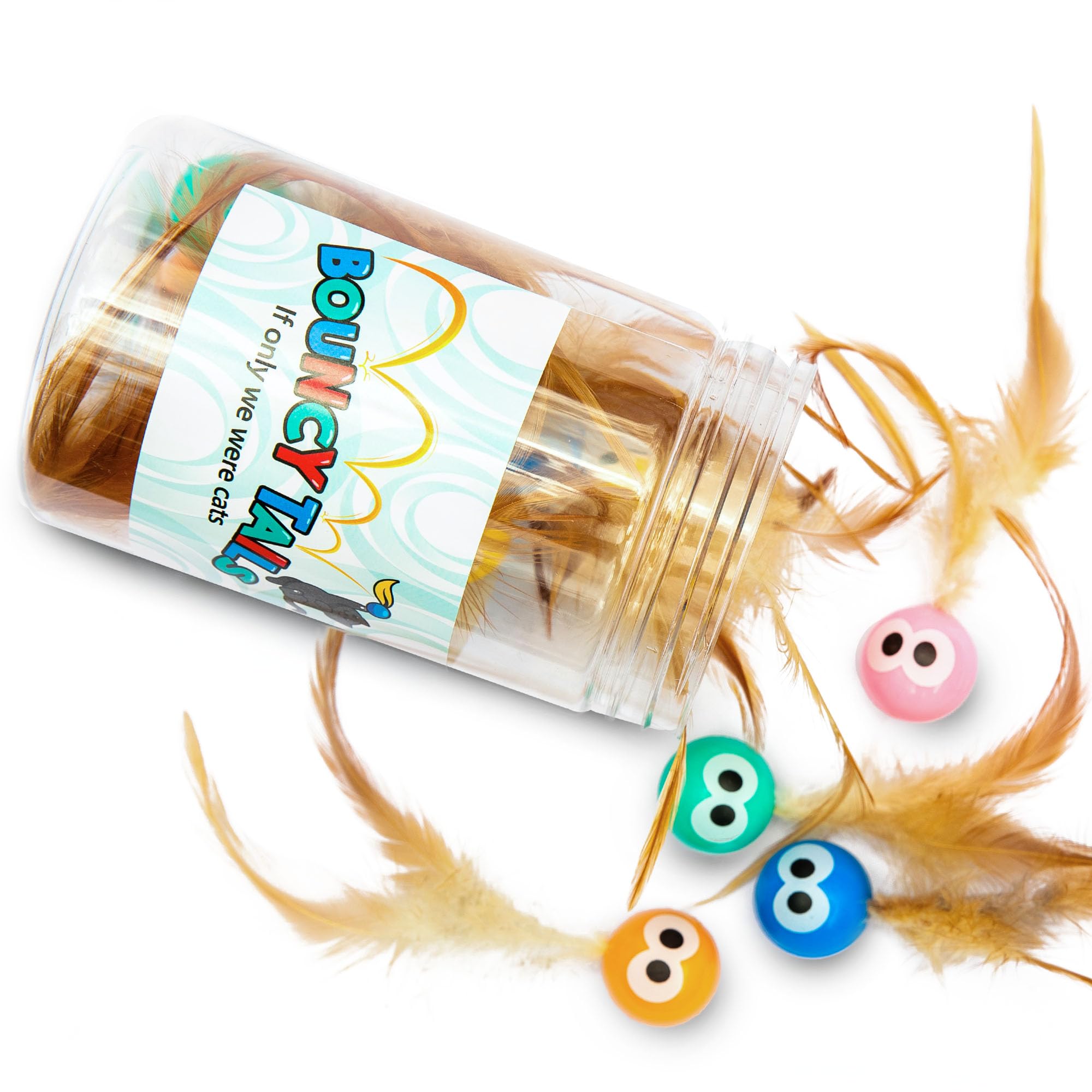 Bouncy Tails 5 Pack Interactive Bouncy Ball with Natural Feathers for Indoor Cats and Kittens who Love to Play and Have Fun.