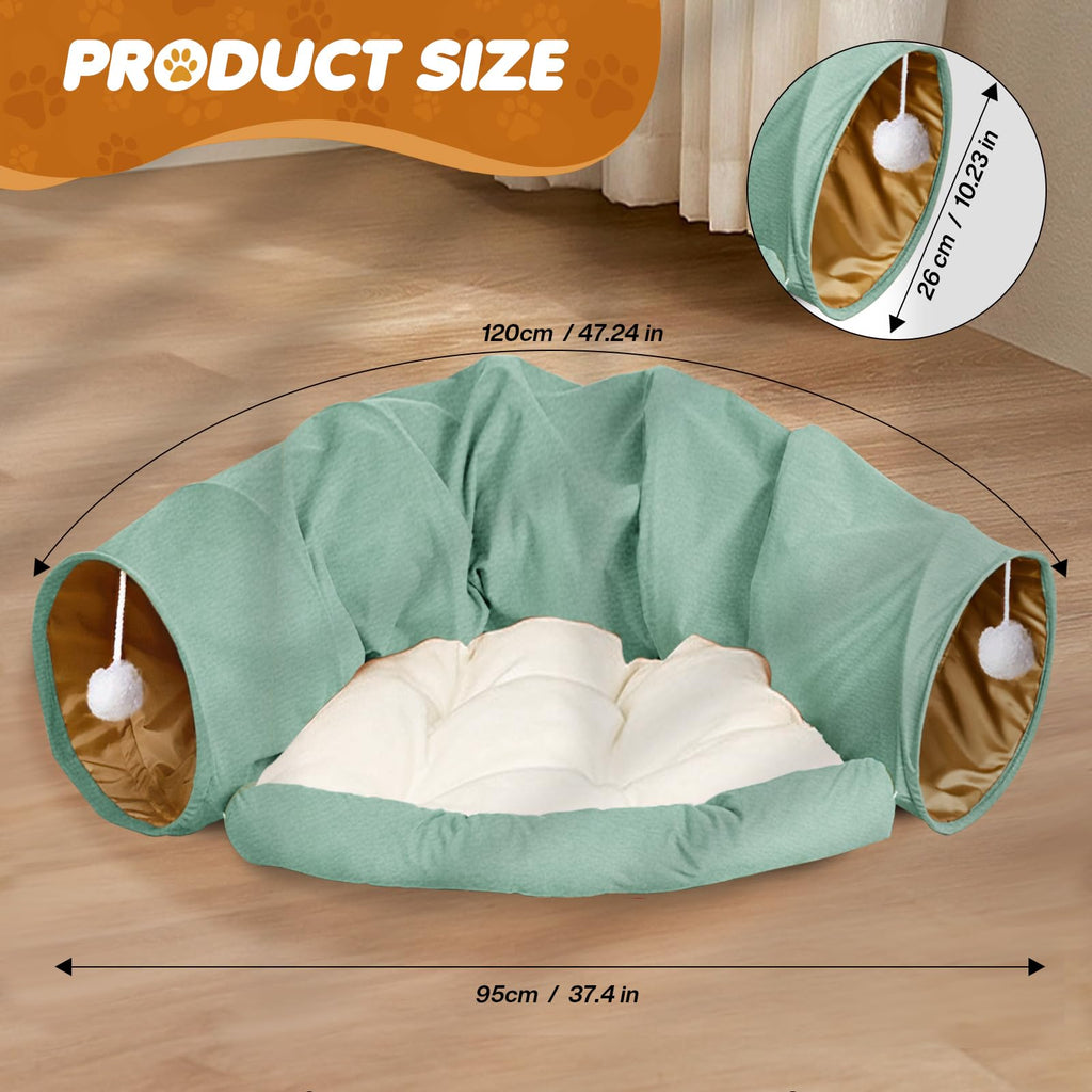 Spardar Bunny Tunnel Bed, 2-in-1 Collapsible Tunnel Tubes Toys, Washable, with Removable Mat Hideout, Interactive Toys for Rabbits Chinchilla Hedgehog Guinea Pigs Kitty, Matcha Green