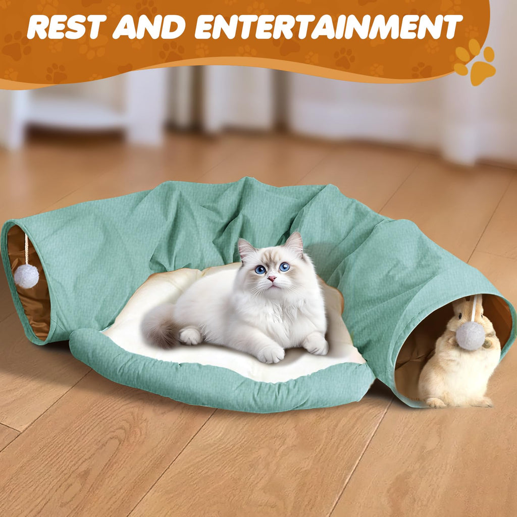 Spardar Bunny Tunnel Bed, 2-in-1 Collapsible Tunnel Tubes Toys, Washable, with Removable Mat Hideout, Interactive Toys for Rabbits Chinchilla Hedgehog Guinea Pigs Kitty, Matcha Green