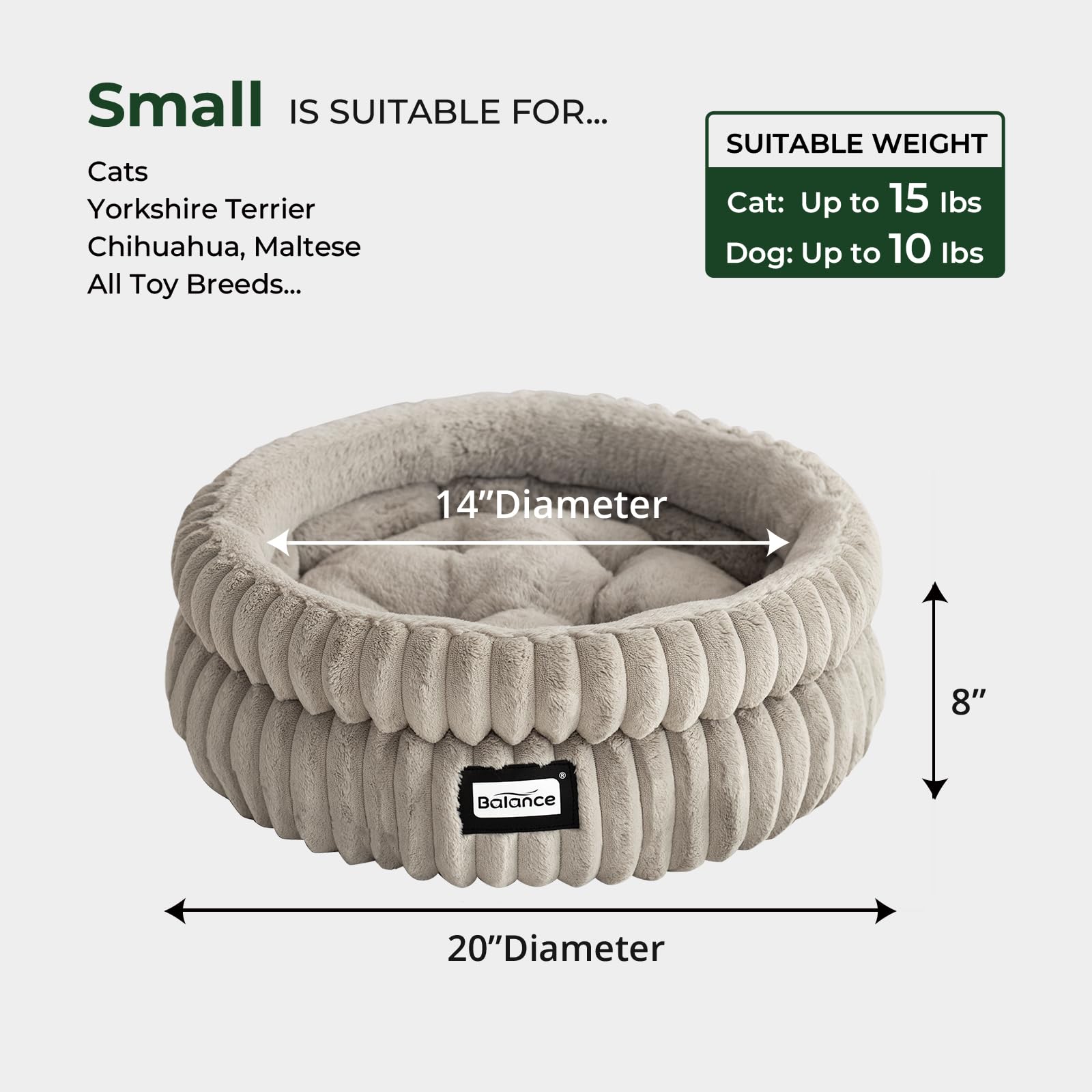 BALANCE Cat Bed Kitten Bed, Washable Round Cat Beds for Indoor Cats,Super Soft Plush Faux Fur Pet Bed for Puppy and Kitten with Anti-Slip Bottom