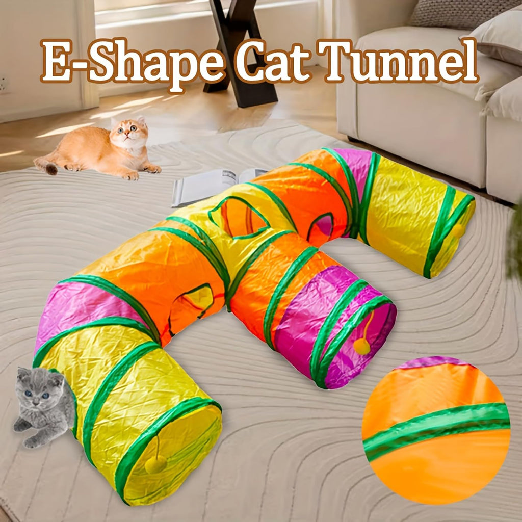 3 Way Collapsible Cat Tunnels with Interactive Ball, E Shape Folded Pet Tube Toy for Indoor Cats, Puppy, Kitty, Kitten, Rabbit