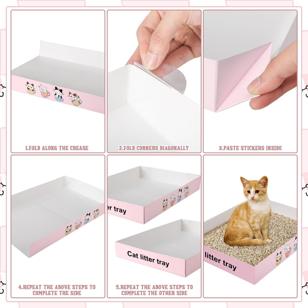 Roshtia 30 Pcs Disposable Cat Litter Box Foldable Paper Kitty Tray 13.8 x 10 x 2 Inch Portable Kitten Boxes Low Entry Waterproof Lightweight Cardboard(Meow,Blue)