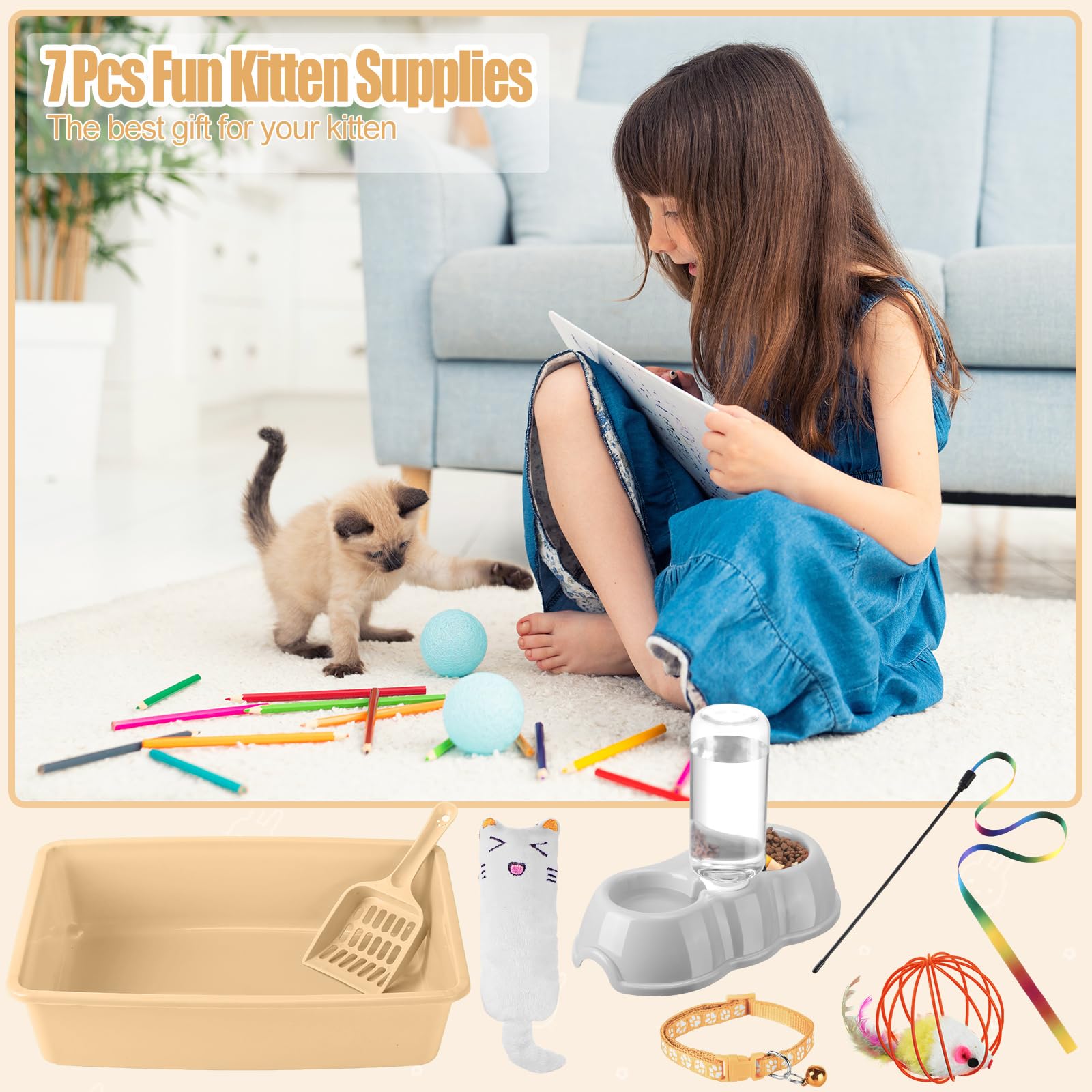 7 Pcs Small Cat Kitten Starter Kit Cat Litter Box with Shovel Paw Litter Mat Double Automatic Kitten Bowls Toy Teaser Stick Collar Essentials Kits for 1-3 Lbs Beginner(Simple,Blue)
