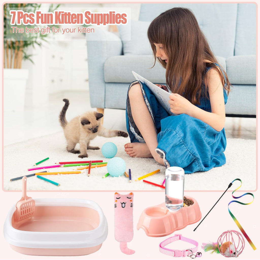 7 Pcs Small Cat Kitten Starter Kit Cat Litter Box with Shovel Paw Litter Mat Double Automatic Kitten Bowls Toy Teaser Stick Collar Essentials Kits for 1-3 Lbs Beginner(Simple,Blue)