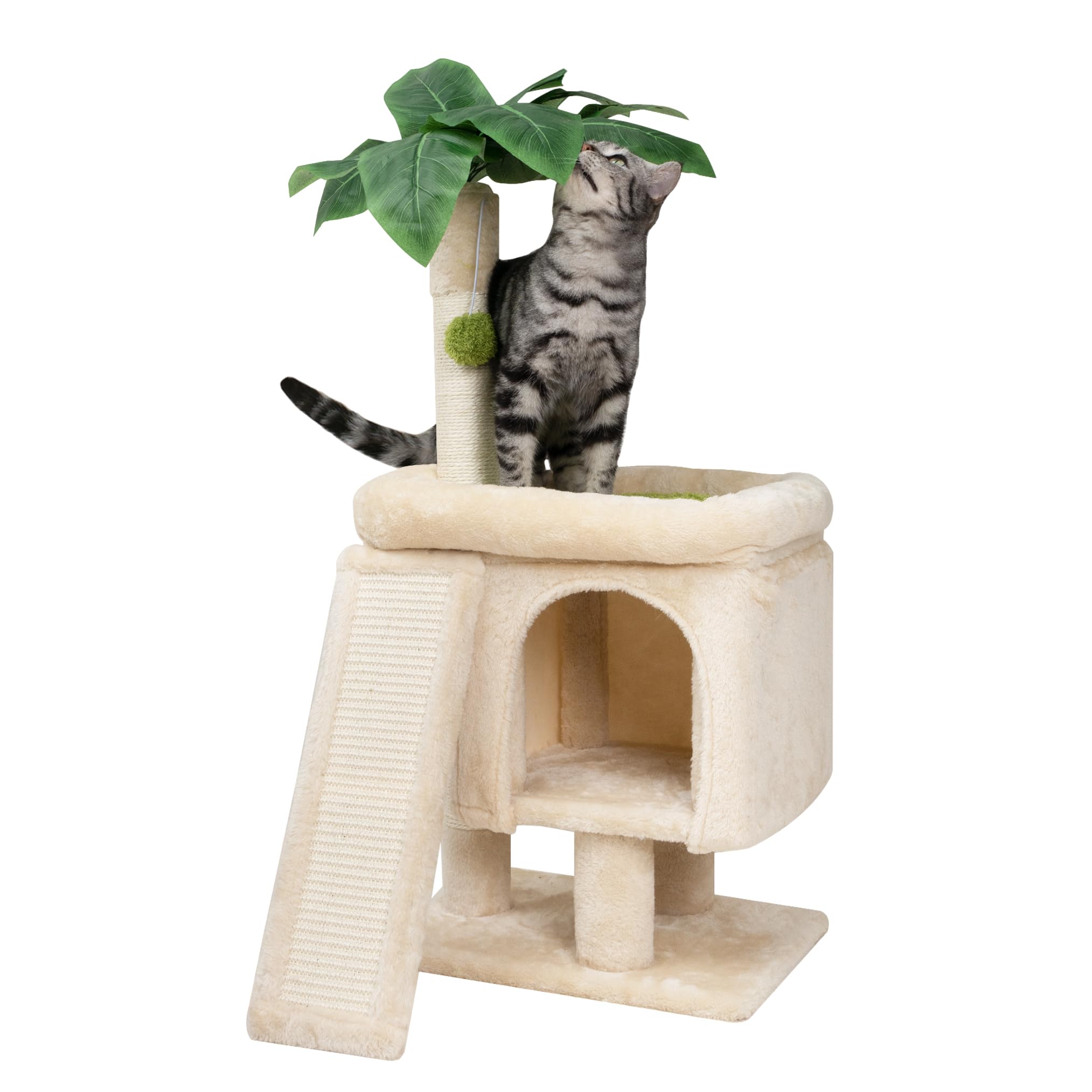 Meowoou Cat Scratching Post for Space-Saving,35” Tall Modern Monstera 3 Layer Cat Tree Tower with Sisal Rope Hanging Interactive Ball for Indoor Cats and Kitten Climbing,Play & Rest