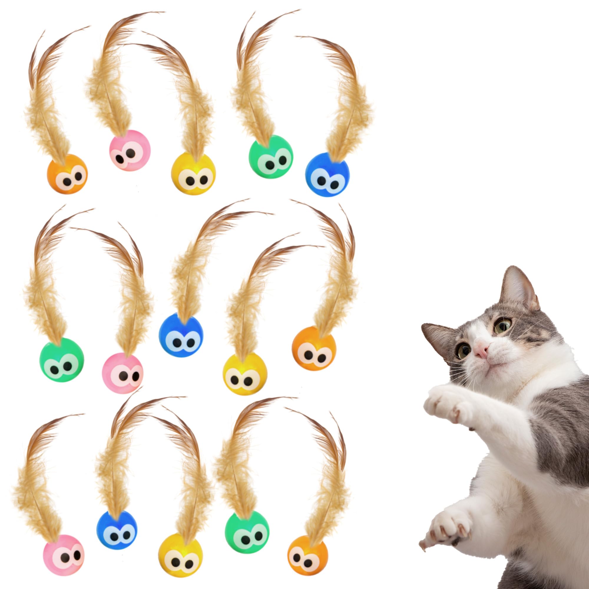 Bouncy Tails 5 Pack Interactive Bouncy Ball with Natural Feathers for Indoor Cats and Kittens who Love to Play and Have Fun.