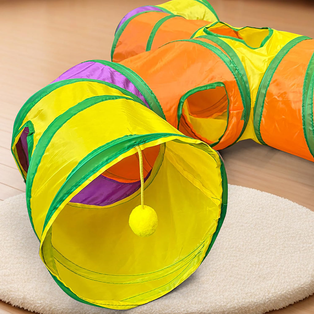 3 Way Collapsible Cat Tunnels with Interactive Ball, E Shape Folded Pet Tube Toy for Indoor Cats, Puppy, Kitty, Kitten, Rabbit