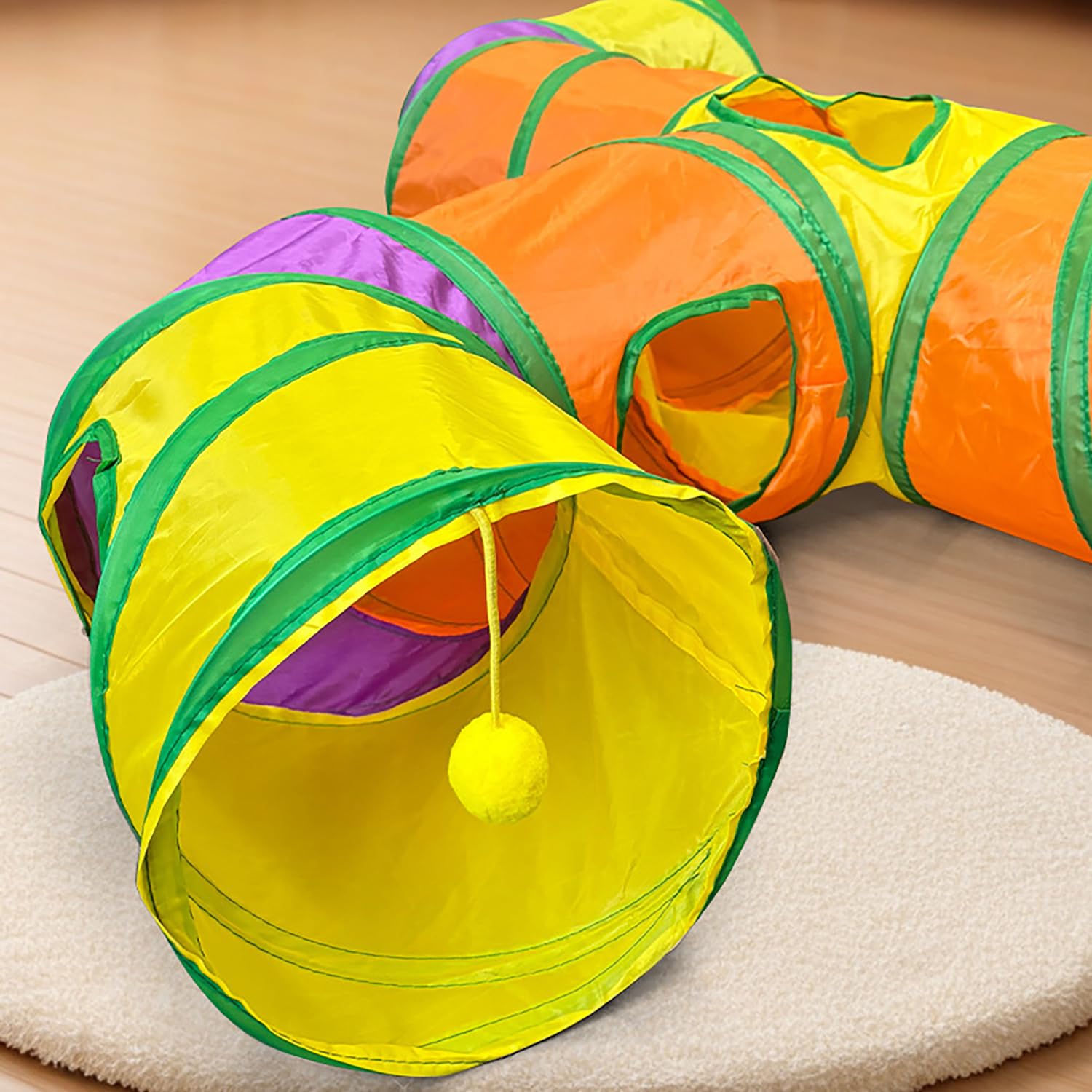 3 Way Collapsible Cat Tunnels with Interactive Ball, E Shape Folded Pet Tube Toy for Indoor Cats, Puppy, Kitty, Kitten, Rabbit