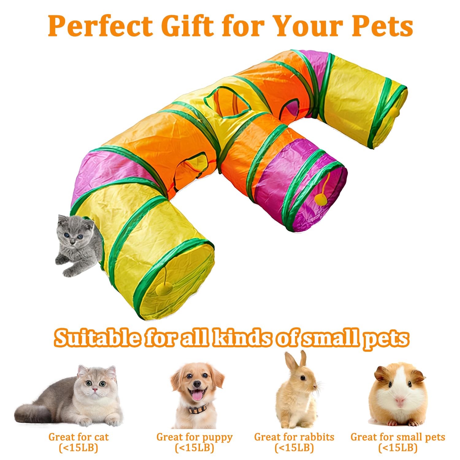 3 Way Collapsible Cat Tunnels with Interactive Ball, E Shape Folded Pet Tube Toy for Indoor Cats, Puppy, Kitty, Kitten, Rabbit