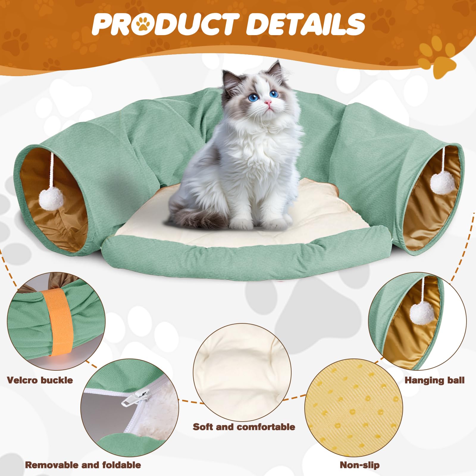 Spardar Bunny Tunnel Bed, 2-in-1 Collapsible Tunnel Tubes Toys, Washable, with Removable Mat Hideout, Interactive Toys for Rabbits Chinchilla Hedgehog Guinea Pigs Kitty, Matcha Green