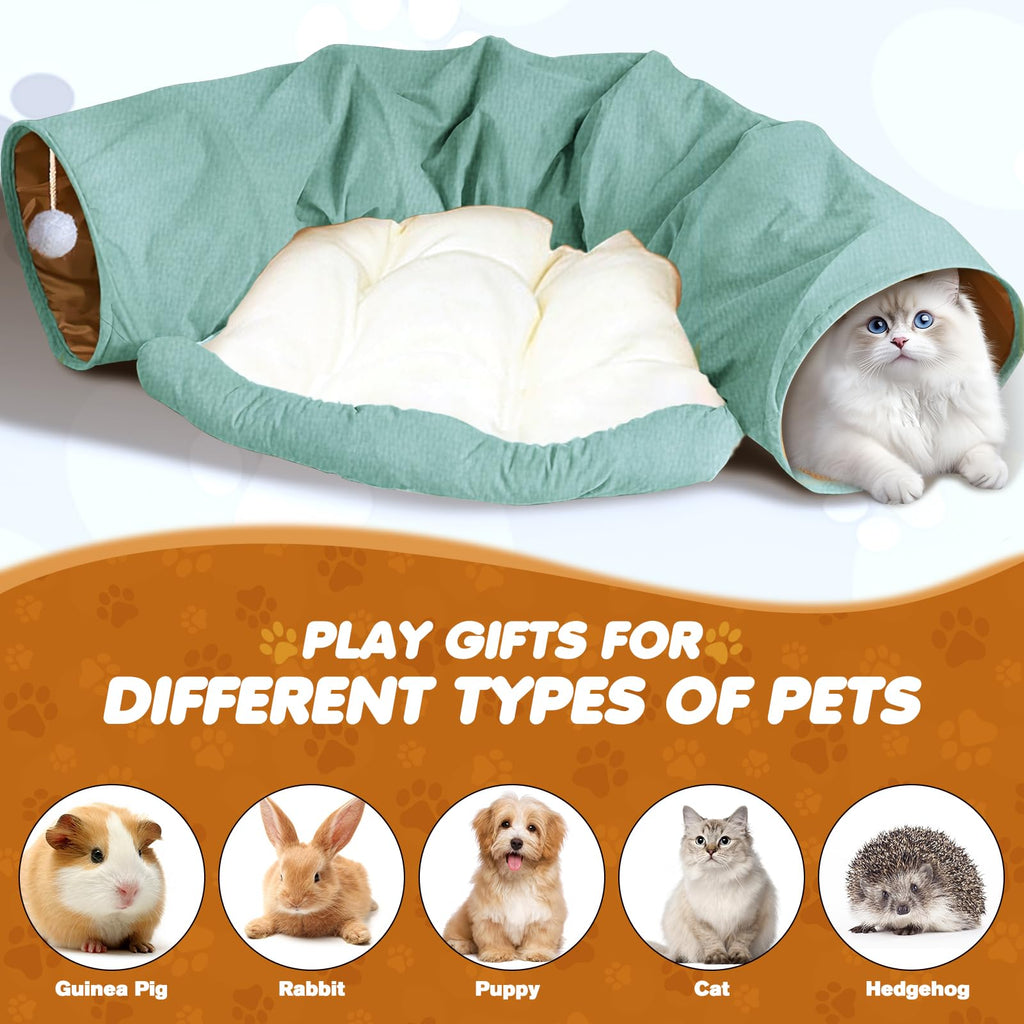 Spardar Bunny Tunnel Bed, 2-in-1 Collapsible Tunnel Tubes Toys, Washable, with Removable Mat Hideout, Interactive Toys for Rabbits Chinchilla Hedgehog Guinea Pigs Kitty, Matcha Green