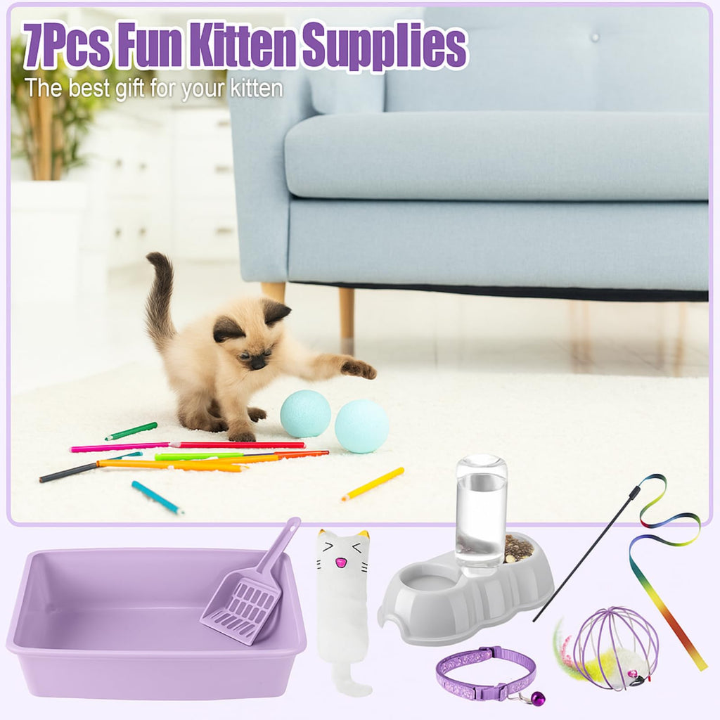 7 Pcs Small Cat Kitten Starter Kit Cat Litter Box with Shovel Paw Litter Mat Double Automatic Kitten Bowls Toy Teaser Stick Collar Essentials Kits for 1-3 Lbs Beginner(Simple,Blue)