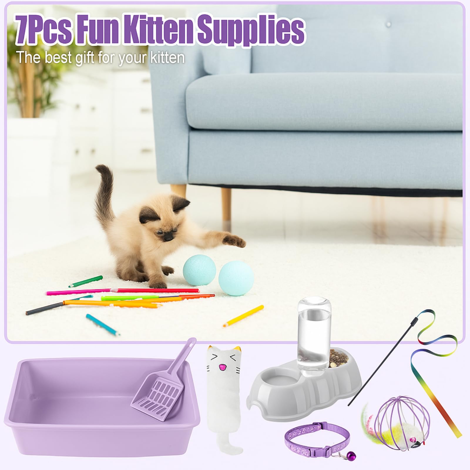 7 Pcs Small Cat Kitten Starter Kit Cat Litter Box with Shovel Paw Litter Mat Double Automatic Kitten Bowls Toy Teaser Stick Collar Essentials Kits for 1-3 Lbs Beginner(Simple,Blue)