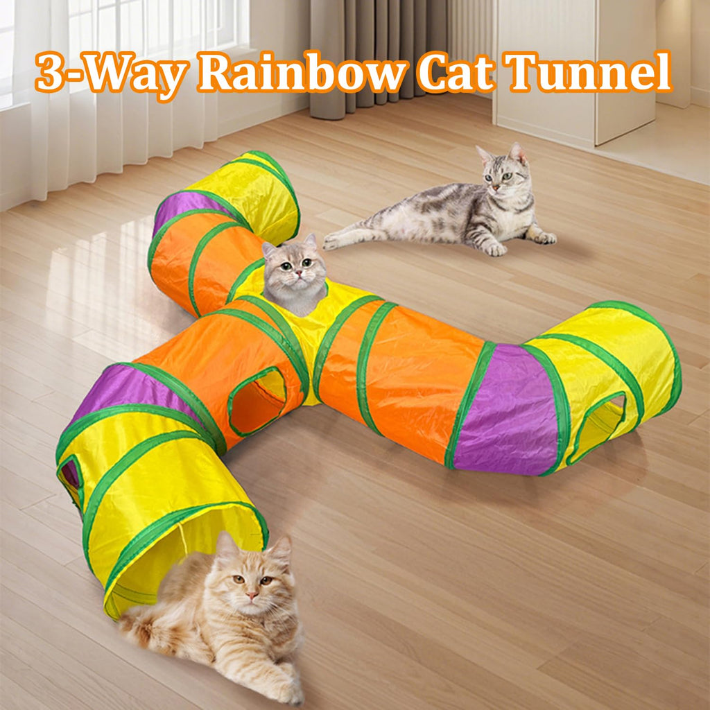 3 Way Collapsible Cat Tunnels with Interactive Ball, E Shape Folded Pet Tube Toy for Indoor Cats, Puppy, Kitty, Kitten, Rabbit