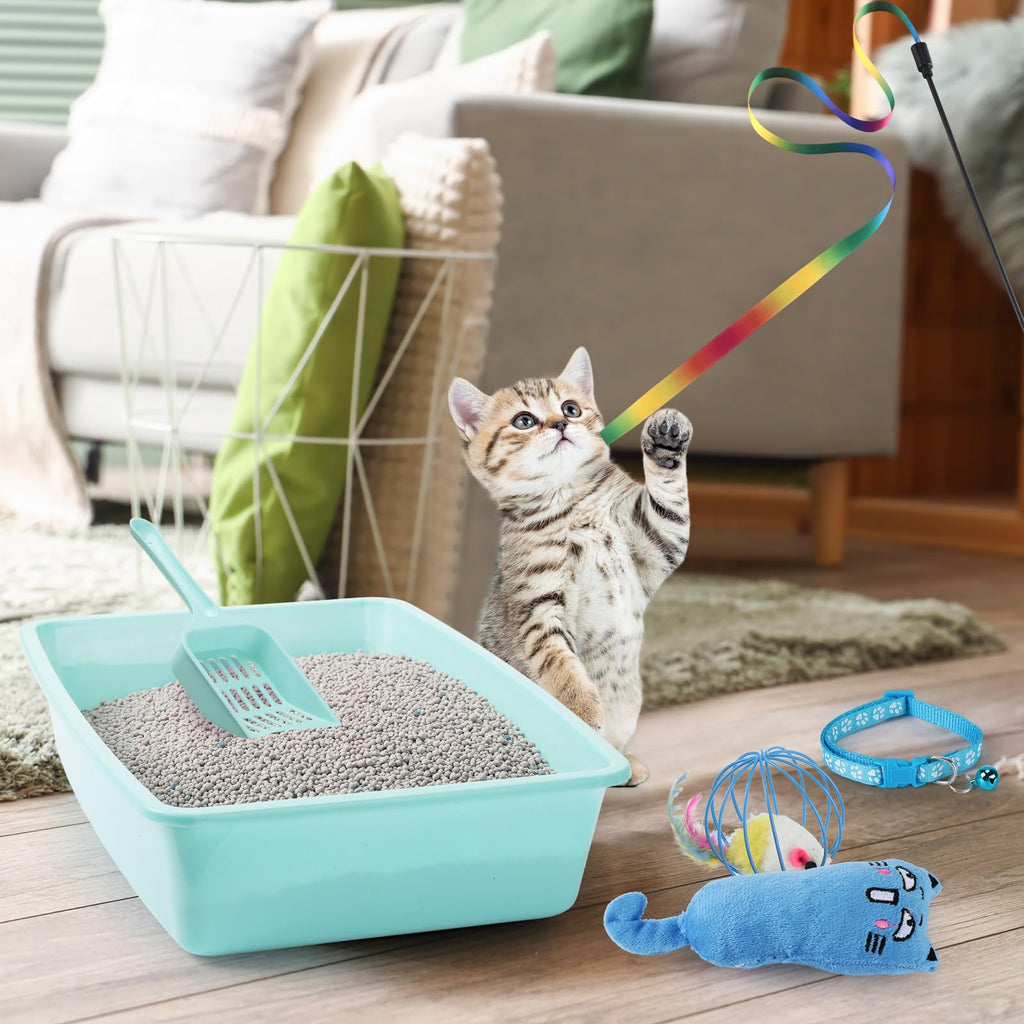 7 Pcs Small Cat Kitten Starter Kit Cat Litter Box with Shovel Paw Litter Mat Double Automatic Kitten Bowls Toy Teaser Stick Collar Essentials Kits for 1-3 Lbs Beginner(Simple,Blue)