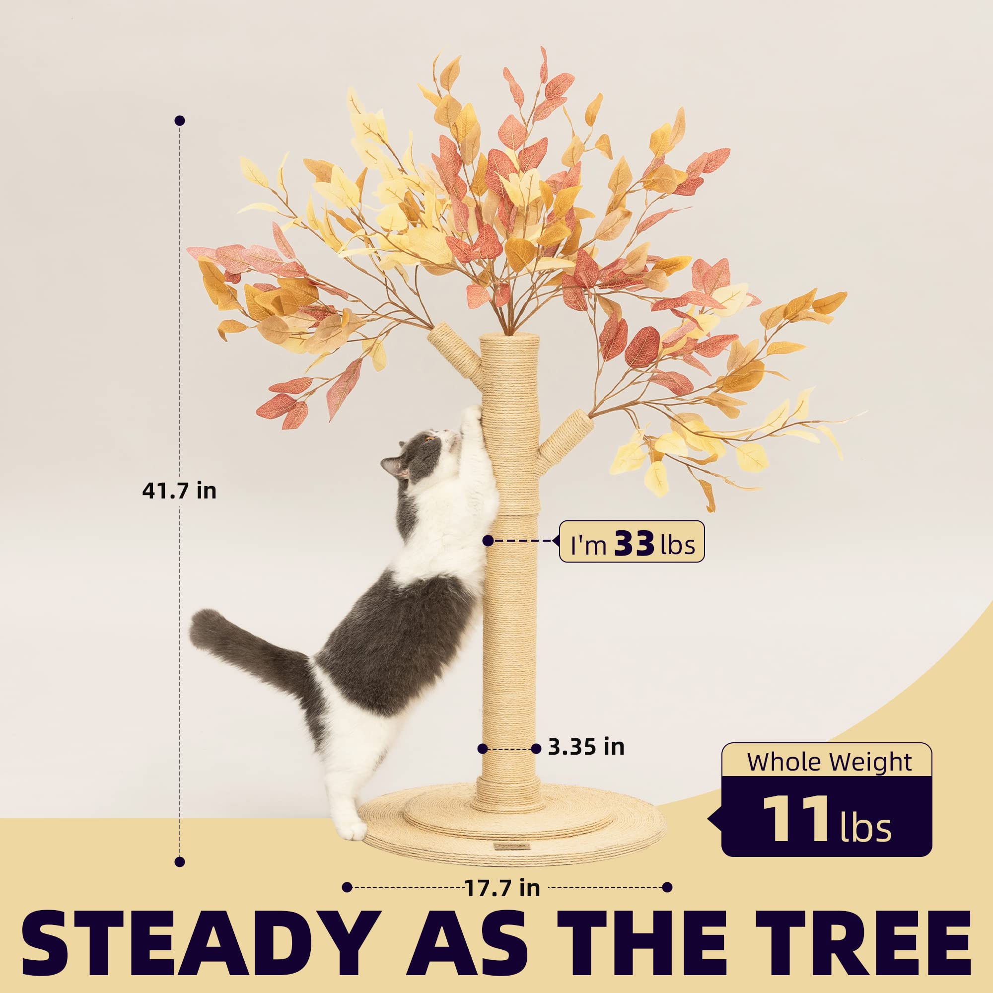 Meowoou Cat Scratching Post for Space-Saving,35” Tall Modern Monstera 3 Layer Cat Tree Tower with Sisal Rope Hanging Interactive Ball for Indoor Cats and Kitten Climbing,Play & Rest