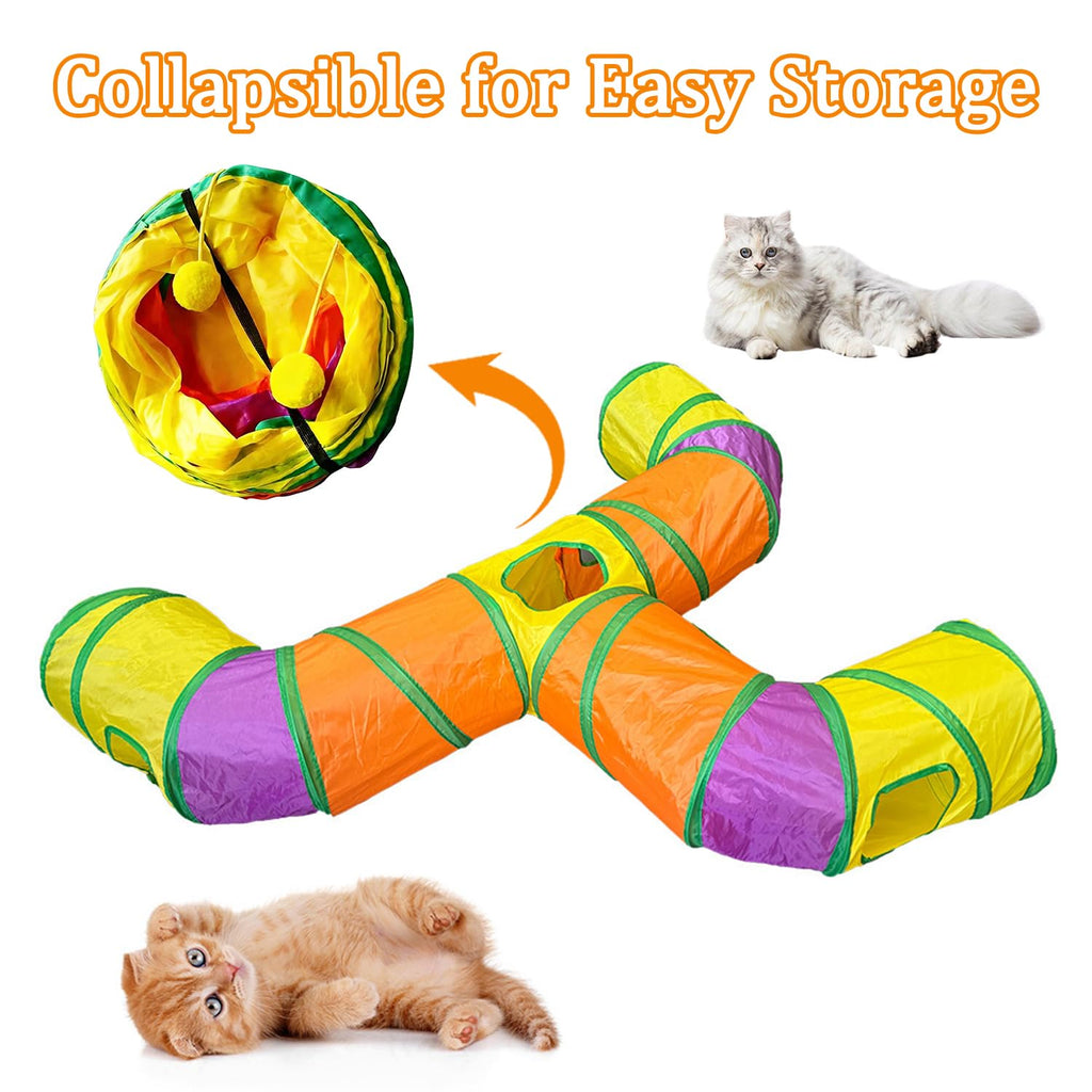 3 Way Collapsible Cat Tunnels with Interactive Ball, E Shape Folded Pet Tube Toy for Indoor Cats, Puppy, Kitty, Kitten, Rabbit