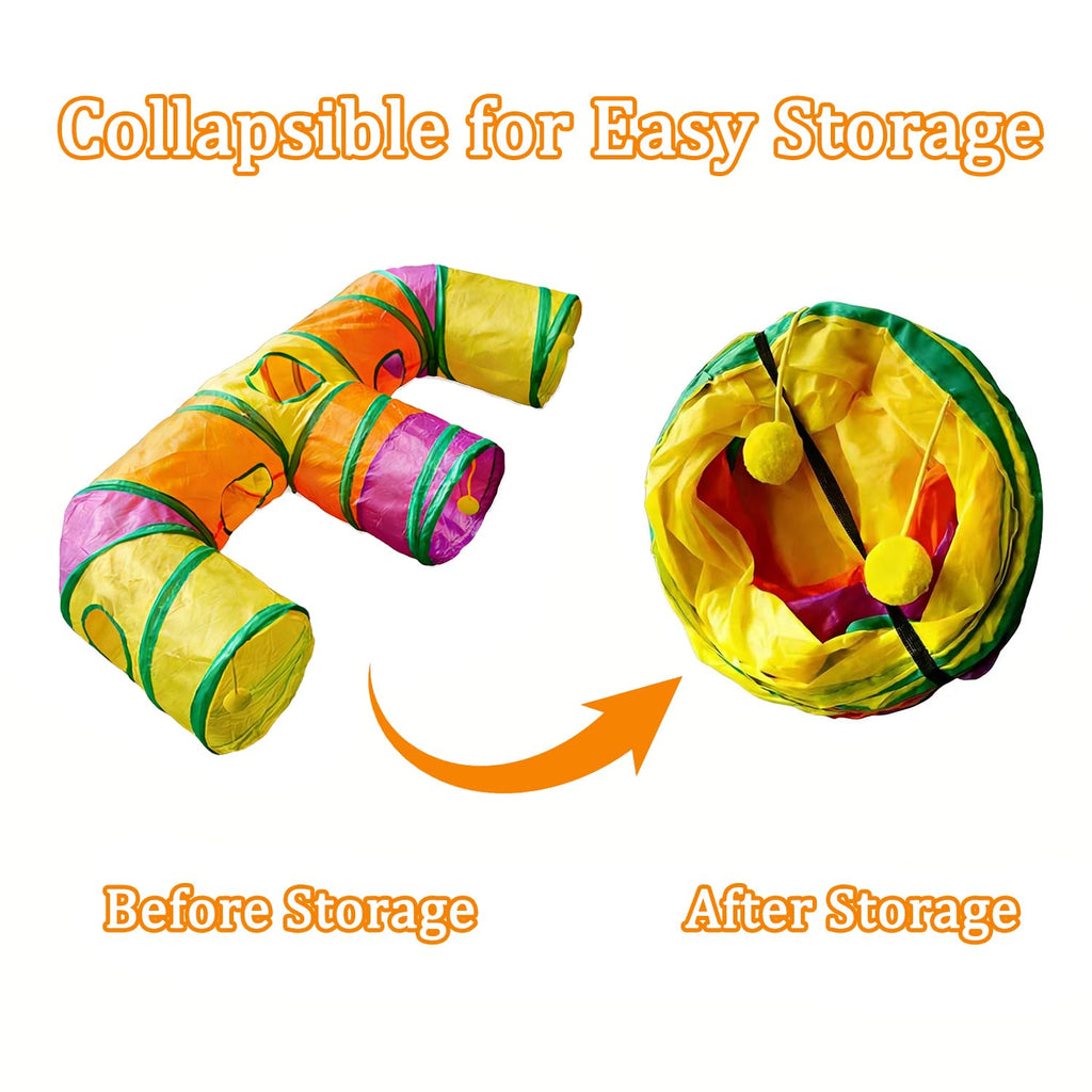 3 Way Collapsible Cat Tunnels with Interactive Ball, E Shape Folded Pet Tube Toy for Indoor Cats, Puppy, Kitty, Kitten, Rabbit