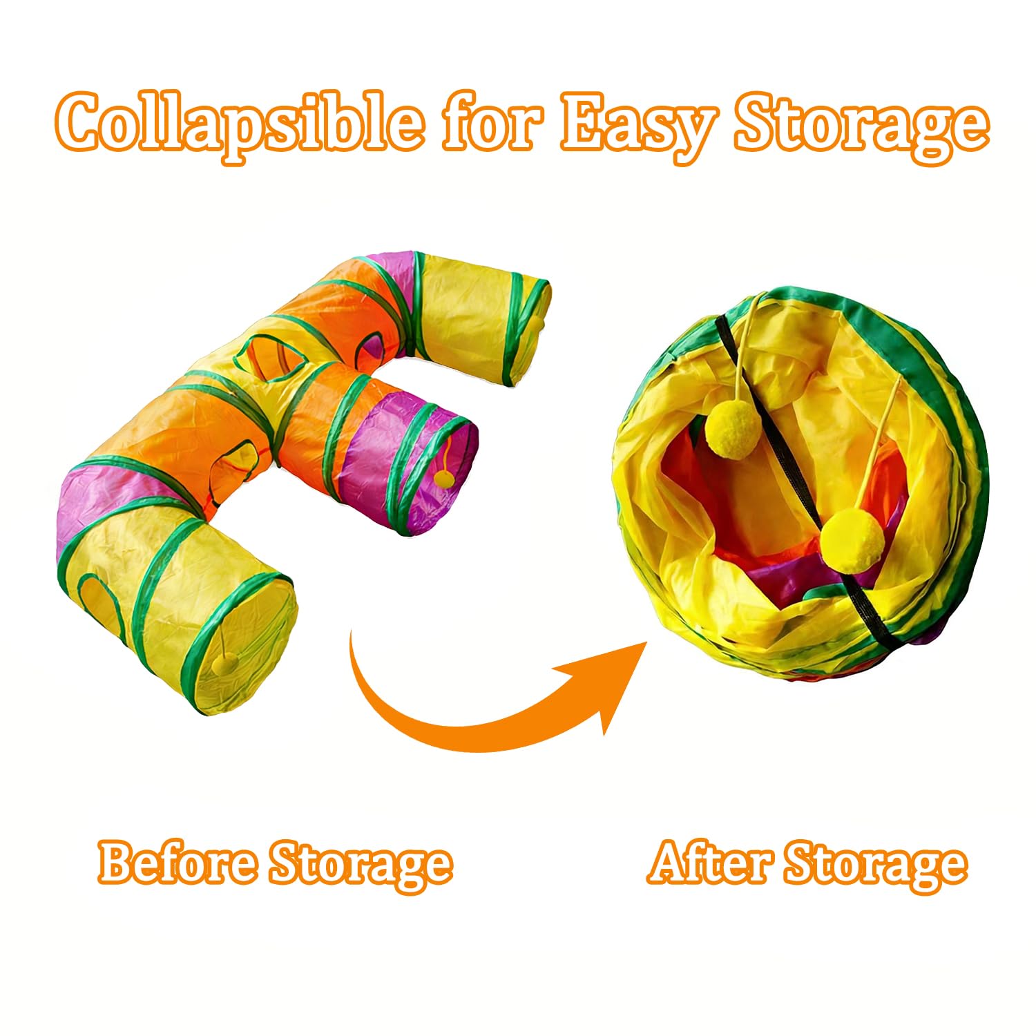 3 Way Collapsible Cat Tunnels with Interactive Ball, E Shape Folded Pet Tube Toy for Indoor Cats, Puppy, Kitty, Kitten, Rabbit