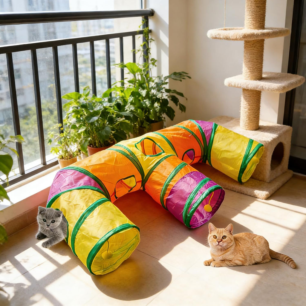 3 Way Collapsible Cat Tunnels with Interactive Ball, E Shape Folded Pet Tube Toy for Indoor Cats, Puppy, Kitty, Kitten, Rabbit