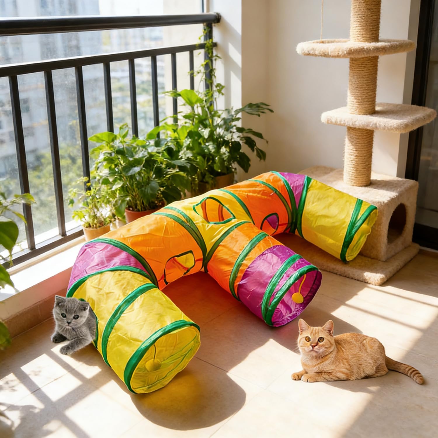 3 Way Collapsible Cat Tunnels with Interactive Ball, E Shape Folded Pet Tube Toy for Indoor Cats, Puppy, Kitty, Kitten, Rabbit