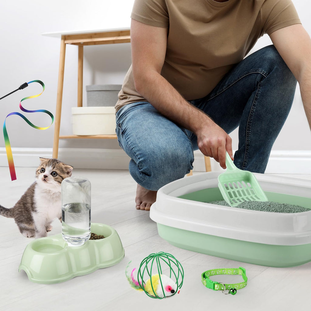 7 Pcs Small Cat Kitten Starter Kit Cat Litter Box with Shovel Paw Litter Mat Double Automatic Kitten Bowls Toy Teaser Stick Collar Essentials Kits for 1-3 Lbs Beginner(Simple,Blue)