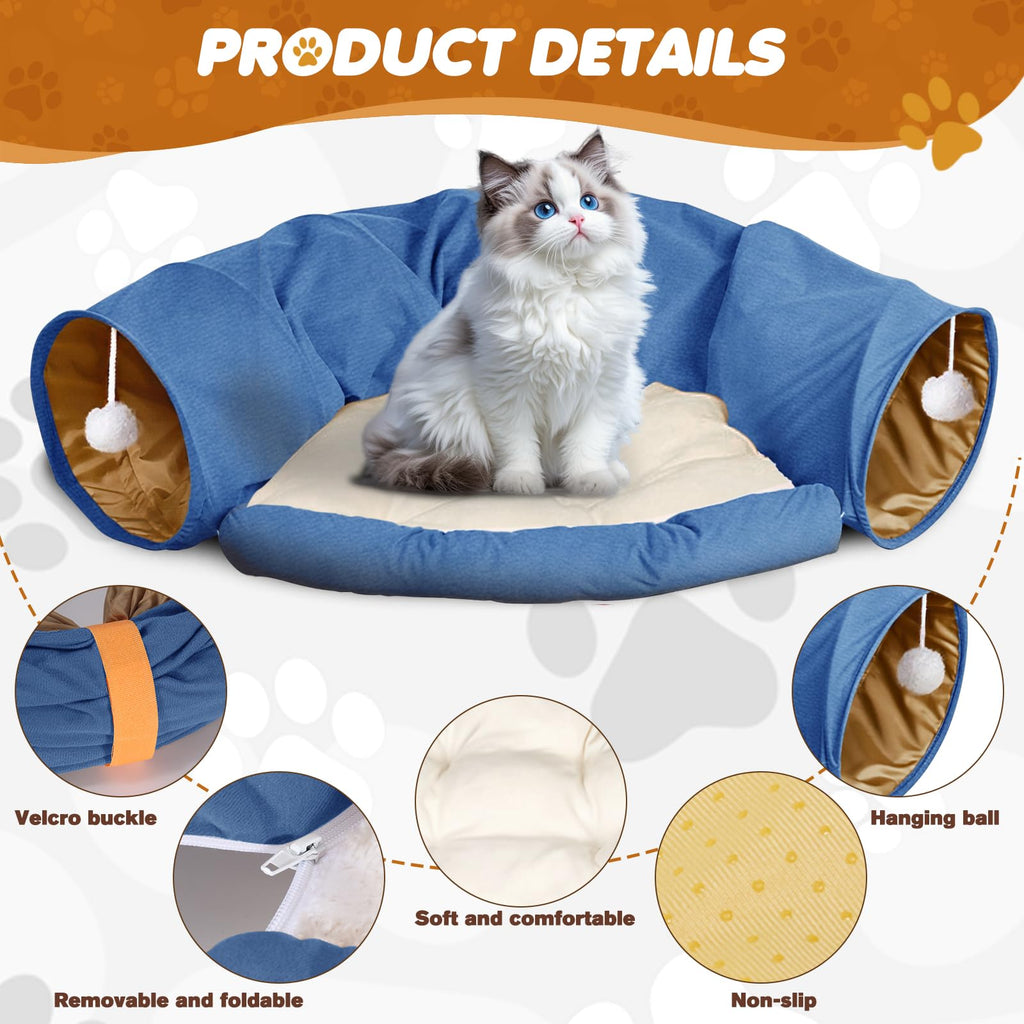 Spardar Bunny Tunnel Bed, 2-in-1 Collapsible Tunnel Tubes Toys, Washable, with Removable Mat Hideout, Interactive Toys for Rabbits Chinchilla Hedgehog Guinea Pigs Kitty, Matcha Green