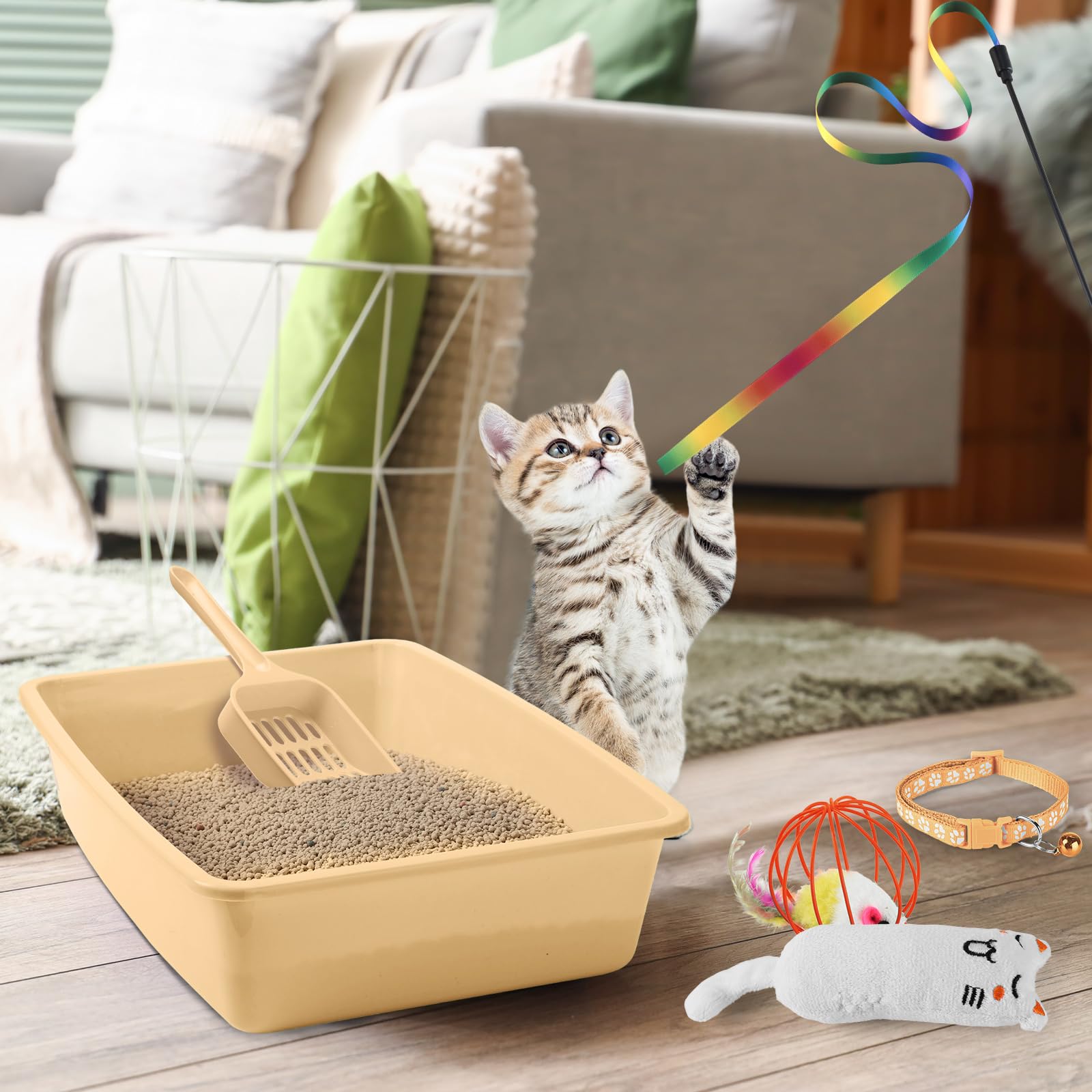 7 Pcs Small Cat Kitten Starter Kit Cat Litter Box with Shovel Paw Litter Mat Double Automatic Kitten Bowls Toy Teaser Stick Collar Essentials Kits for 1-3 Lbs Beginner(Simple,Blue)