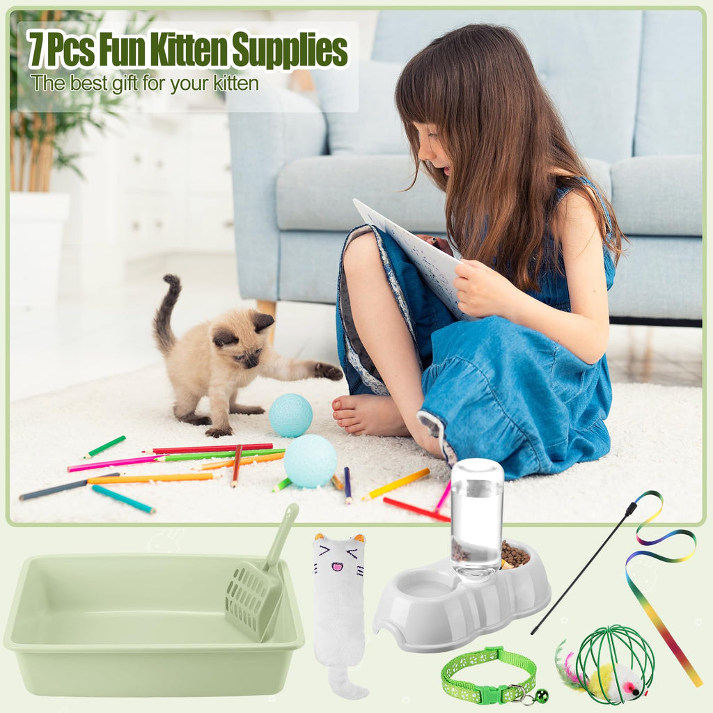 7 Pcs Small Cat Kitten Starter Kit Cat Litter Box with Shovel Paw Litter Mat Double Automatic Kitten Bowls Toy Teaser Stick Collar Essentials Kits for 1-3 Lbs Beginner(Simple,Blue)